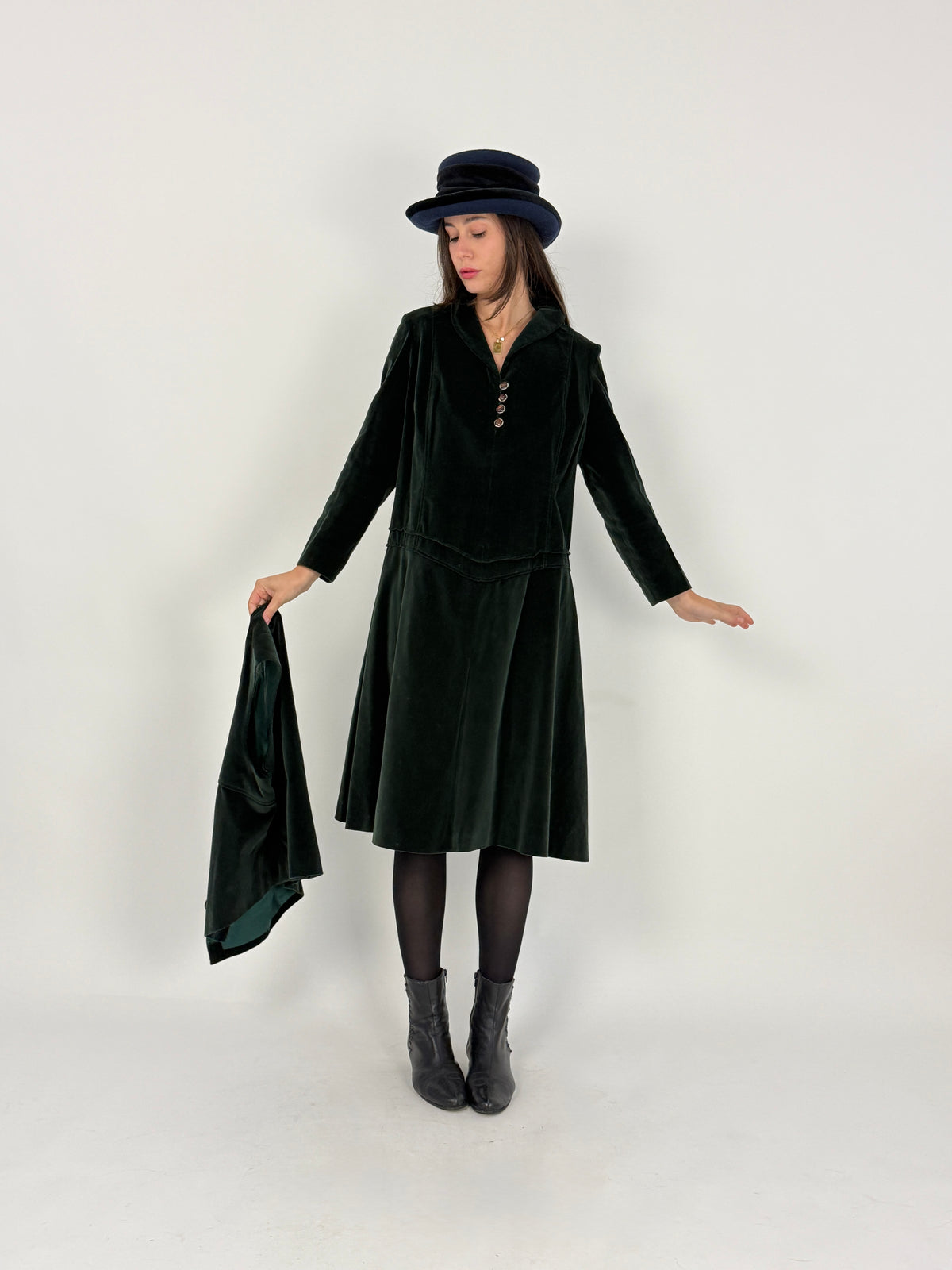 Completo Sartoriale Anni '70 Abito e Gilet Velluto Verde Pino - Taglia 44