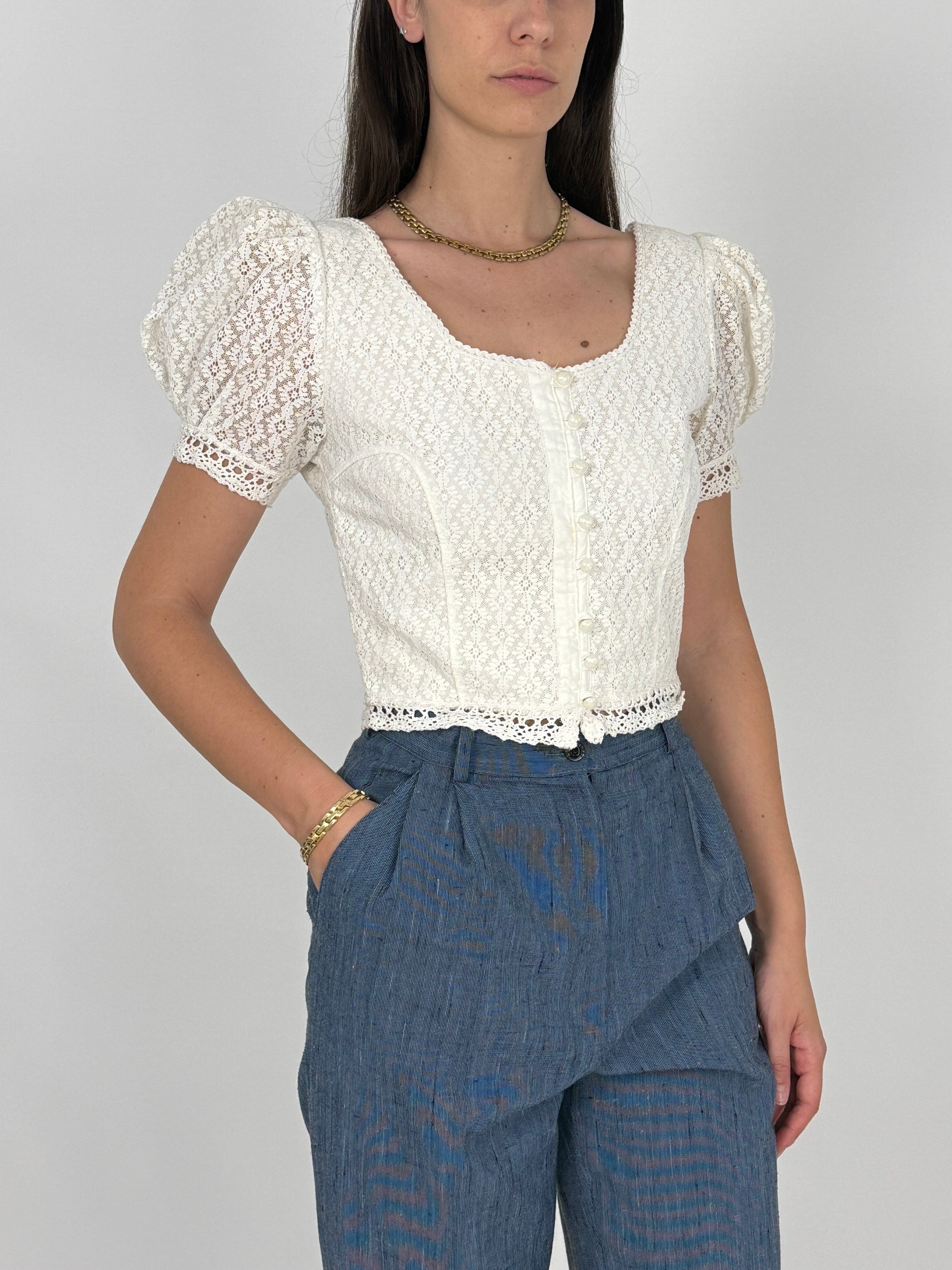 Top Crop Vintage Pizzo Macramé Bianco - Taglia M