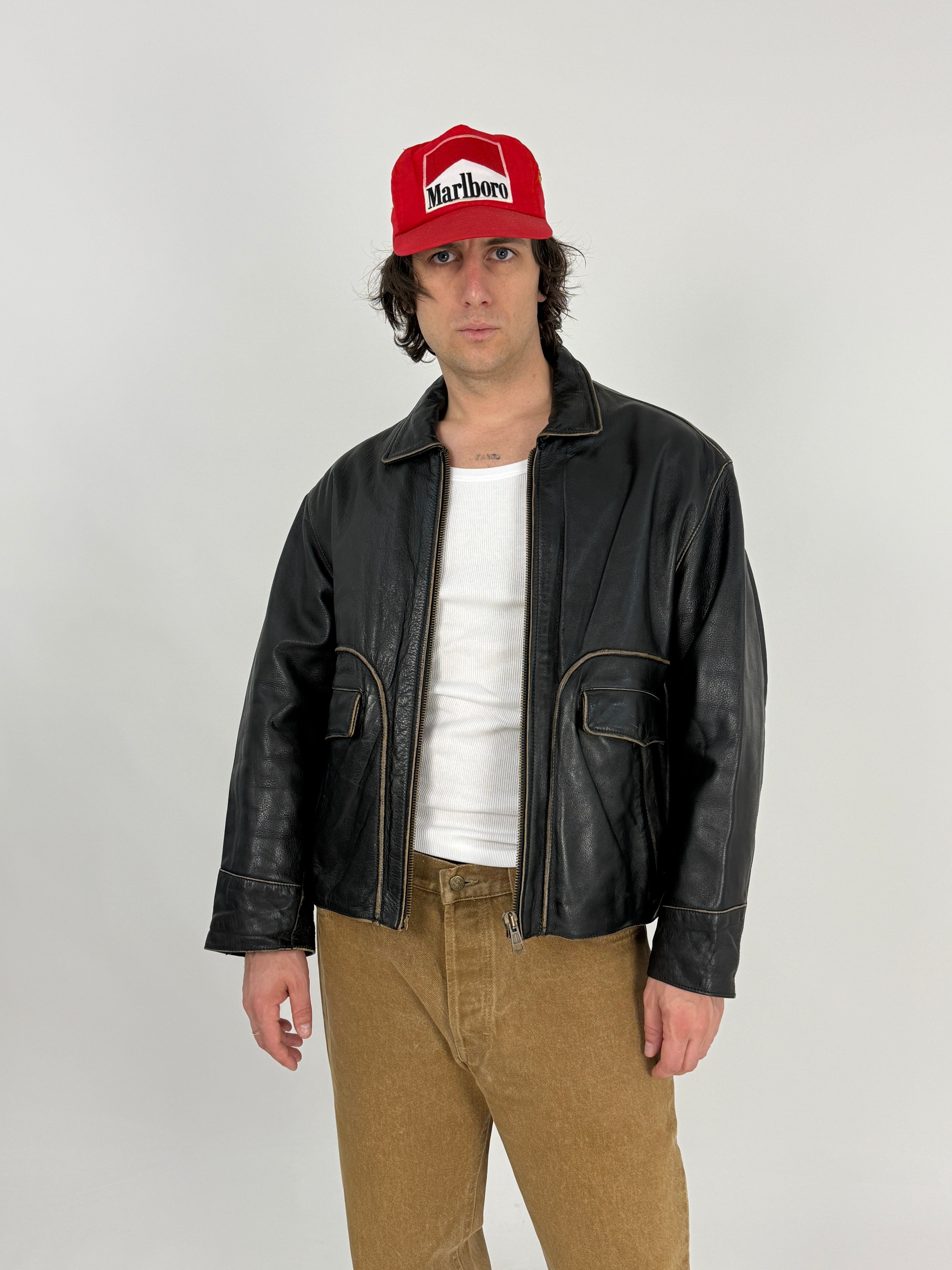 Giacca in Pelle Vintage Red Tips Nera Stile Aviatore - Taglia M
