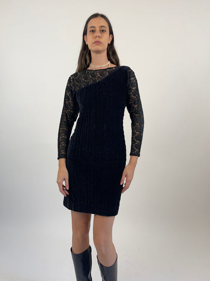 1980s lace and velvet sheath dress