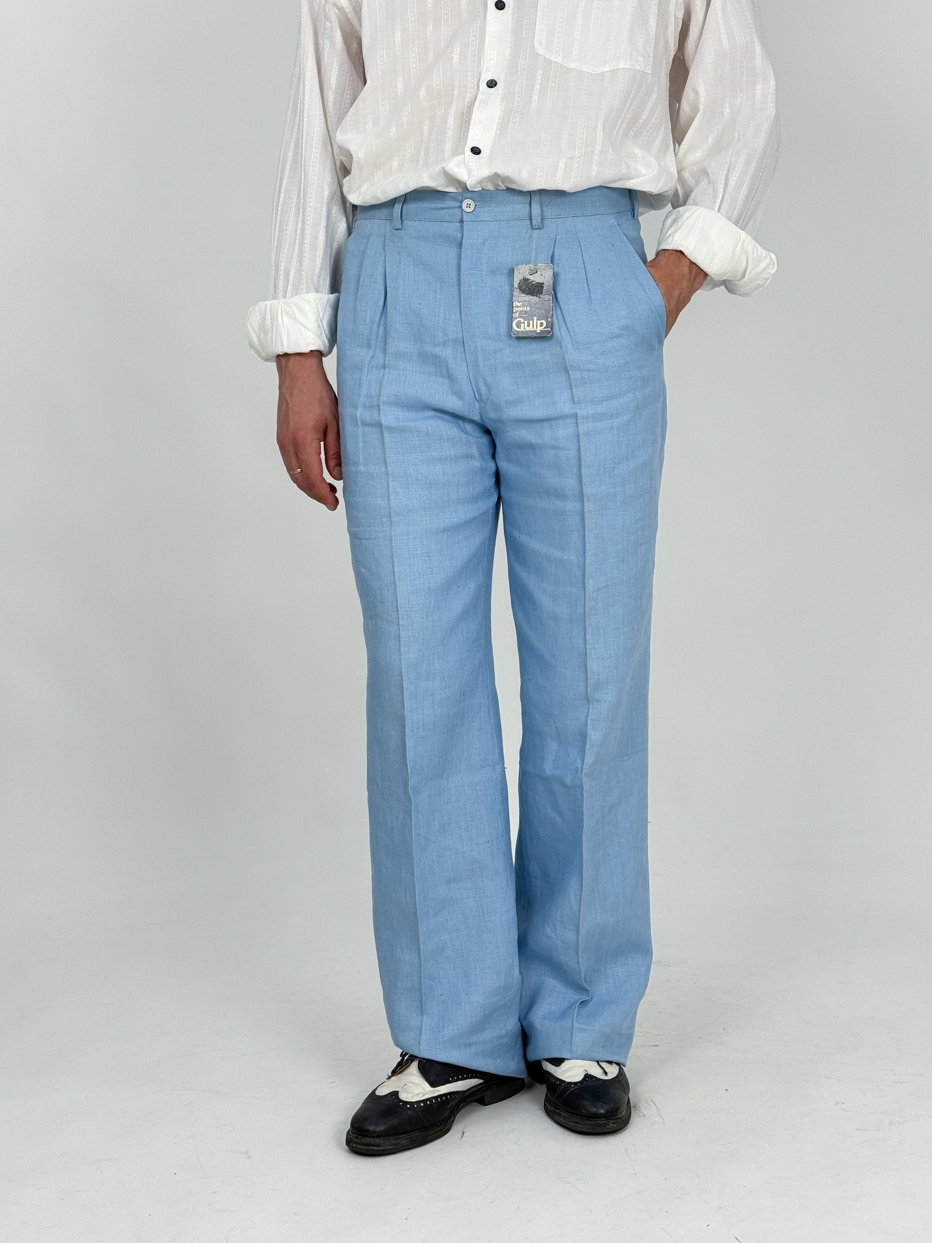 Pantaloni Vintage Gulp Deadstock Puro Lino Celeste Anni '70 - Taglia 48