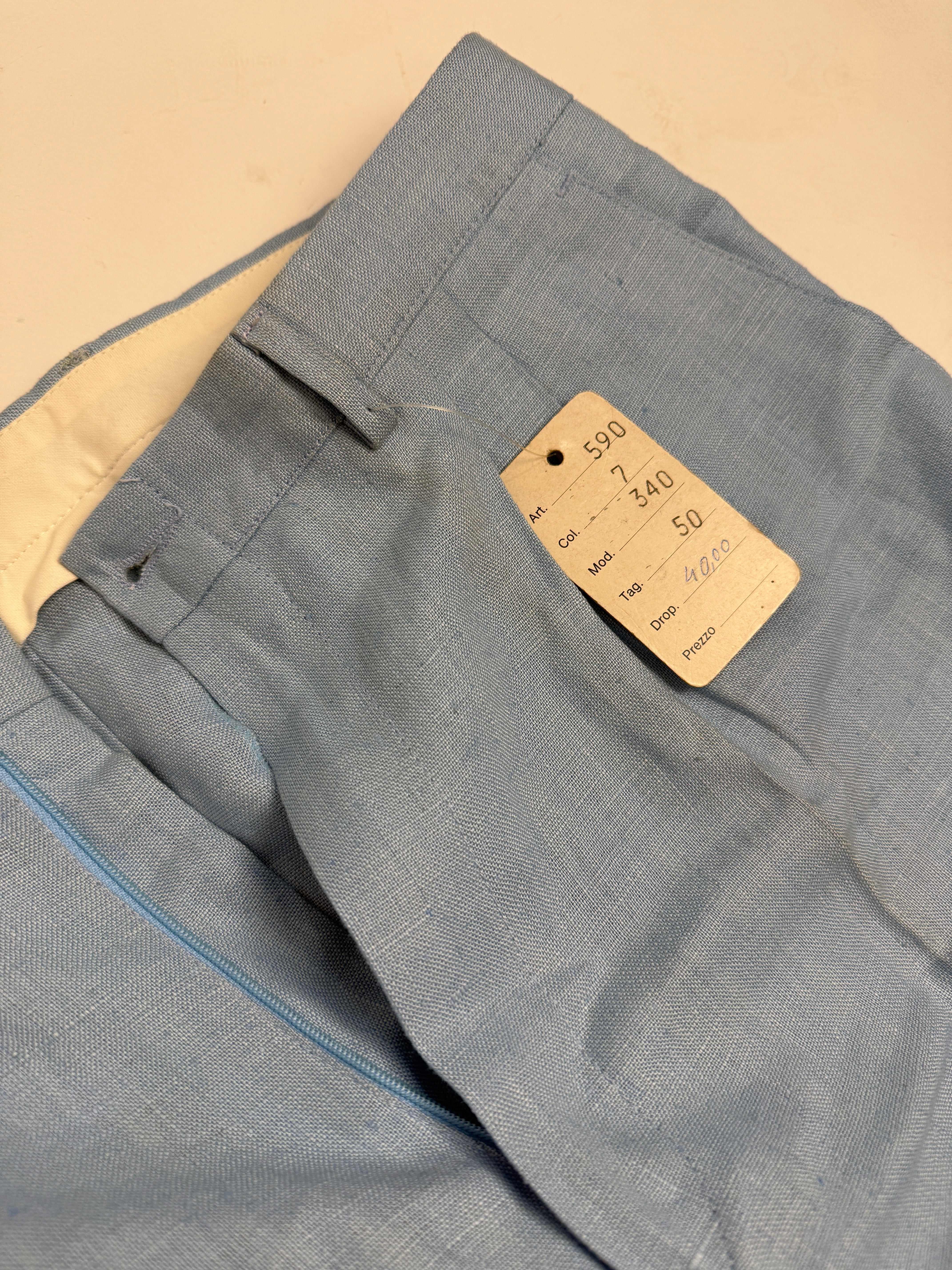 Pantaloni Vintage Gulp Deadstock Puro Lino Celeste Anni '70 - Taglia 48