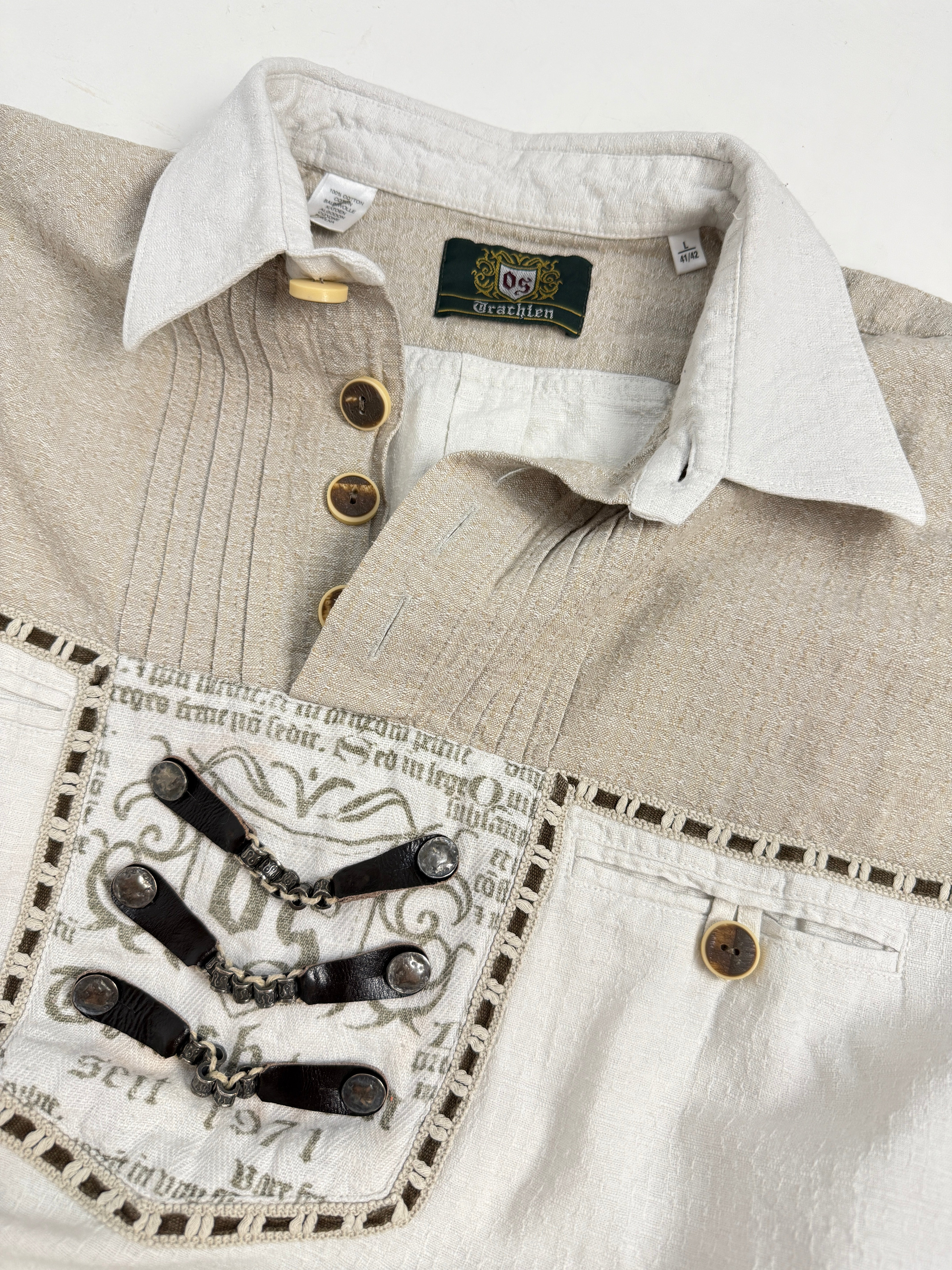Camicia Trachten Vintage in Cotone Bianco - Taglia M