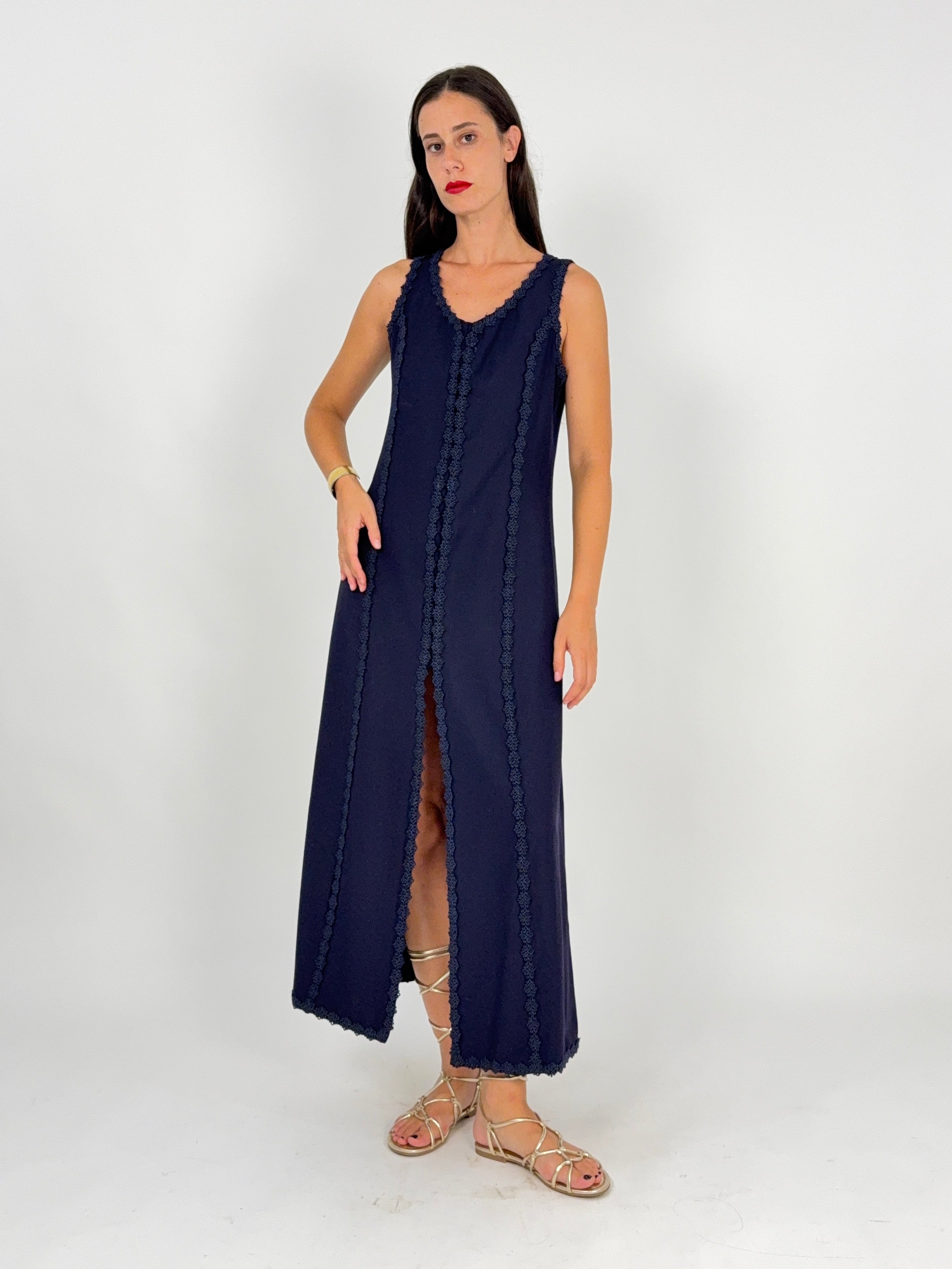 Abito Lungo Sartoriale con Passamaneria Anni '70 - Taglia L
