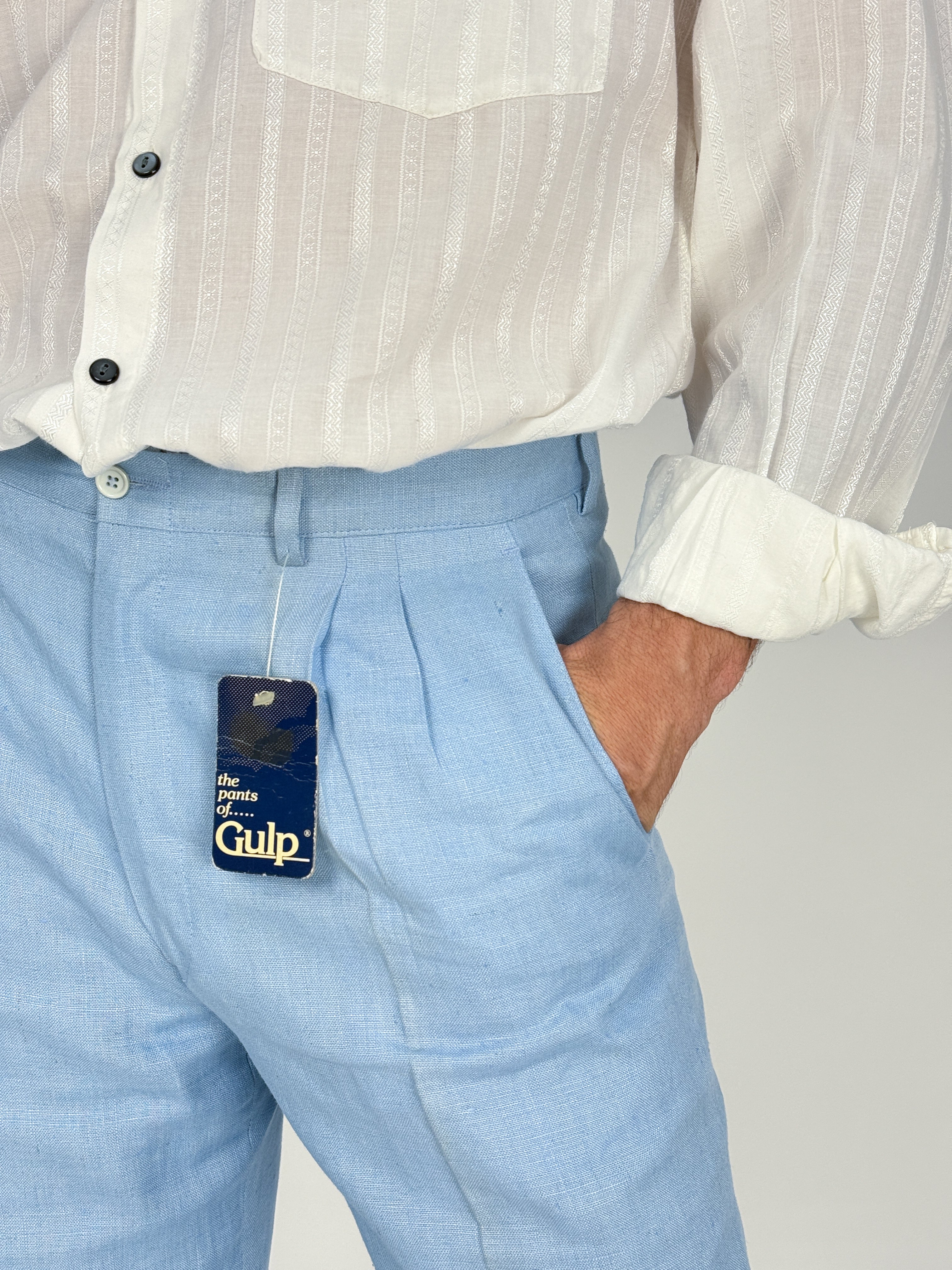 Pantaloni Vintage Gulp Deadstock Puro Lino Celeste Anni '70 - Taglia 48