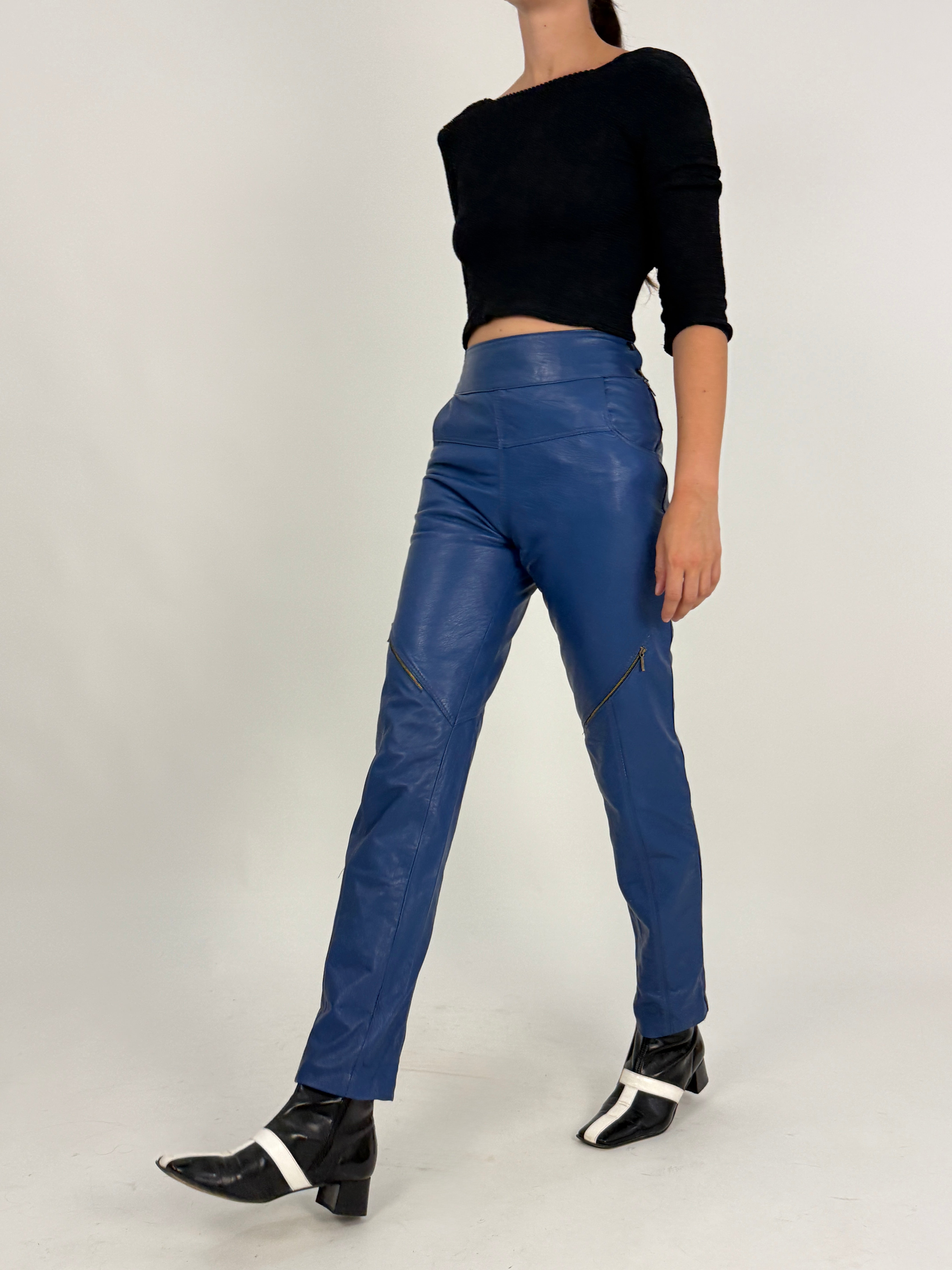 Pantaloni Vera Pelle Blu Deadstock Anni '80 - Taglia 42