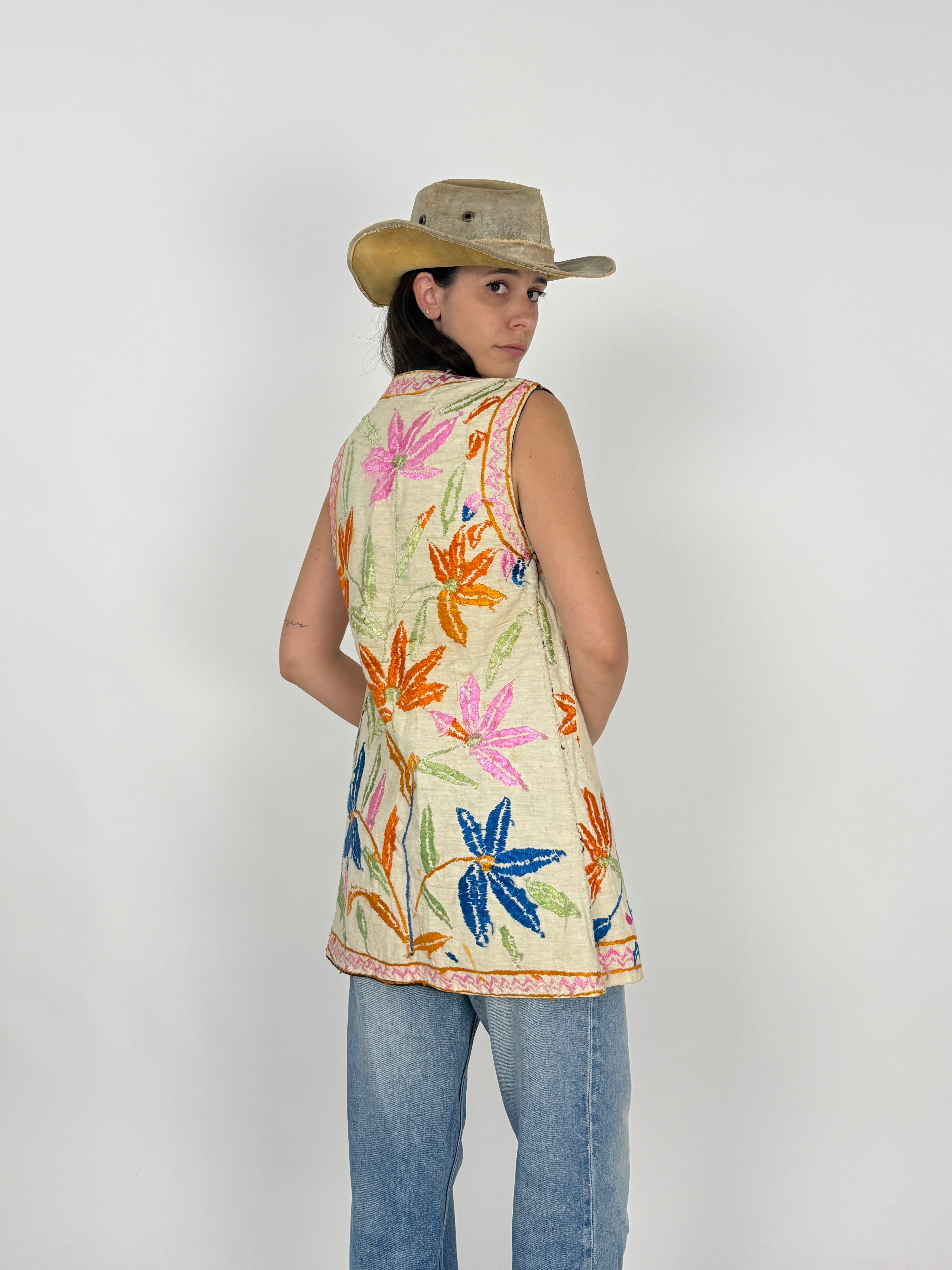 Gilet Artigianale Reversibile Ricamo a Mano Botanico Anni '60/'70 - Taglia M/L