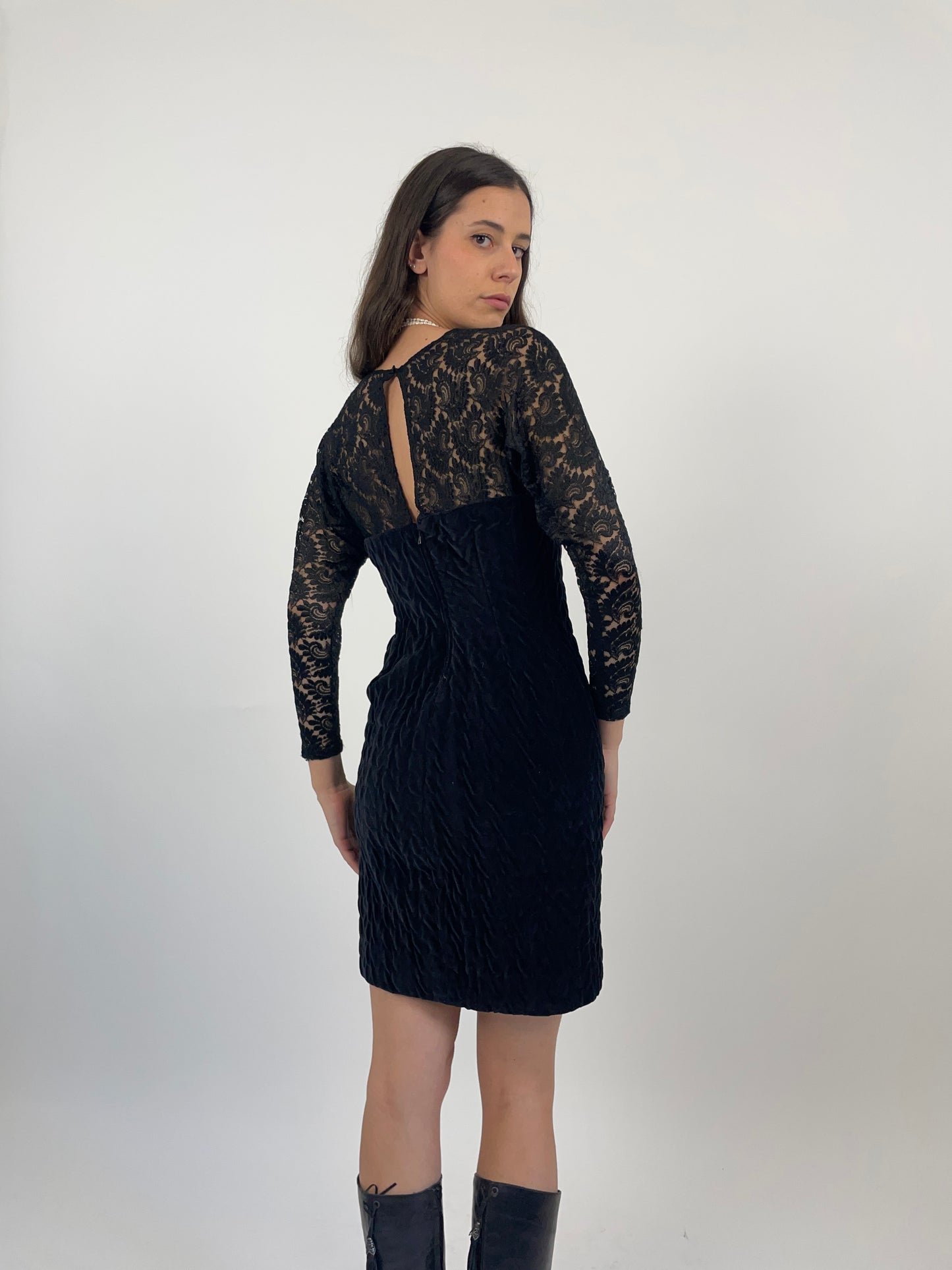 1980s lace and velvet sheath dress