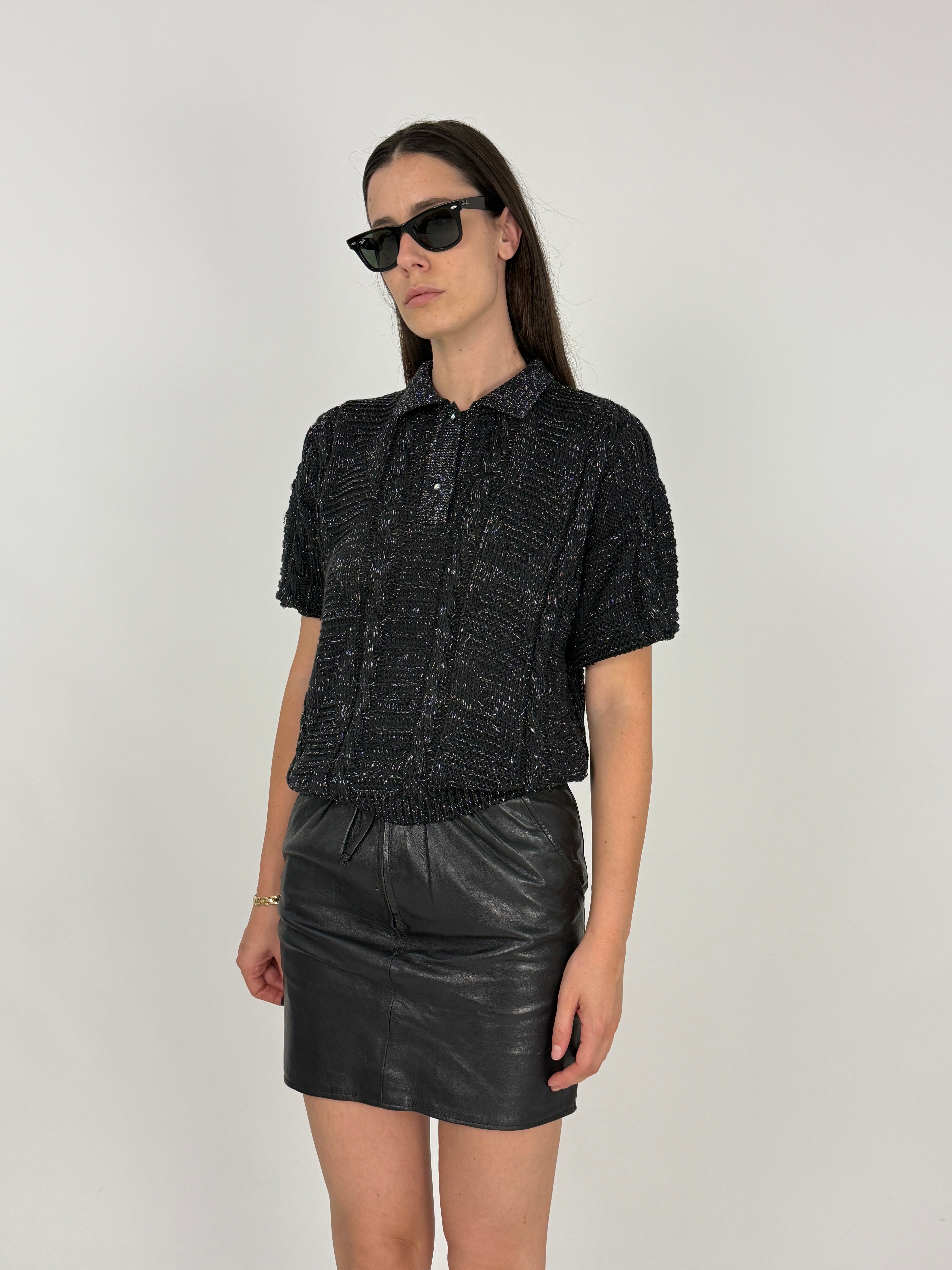 Polo Vintage POM Bouclé Nero Lurex Anni '70/'80 - Taglia M