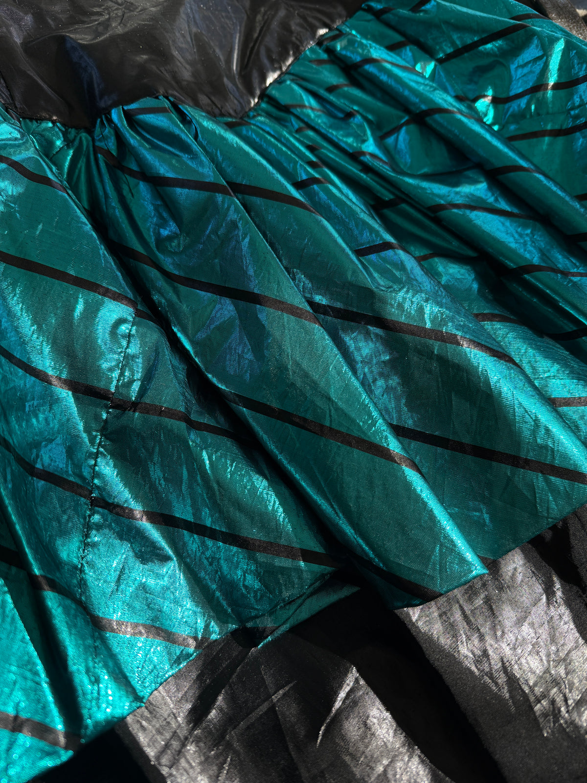 Abito Anni '80 Lurex Turchese Elettrico Manica Balloon Peplum - Taglia L