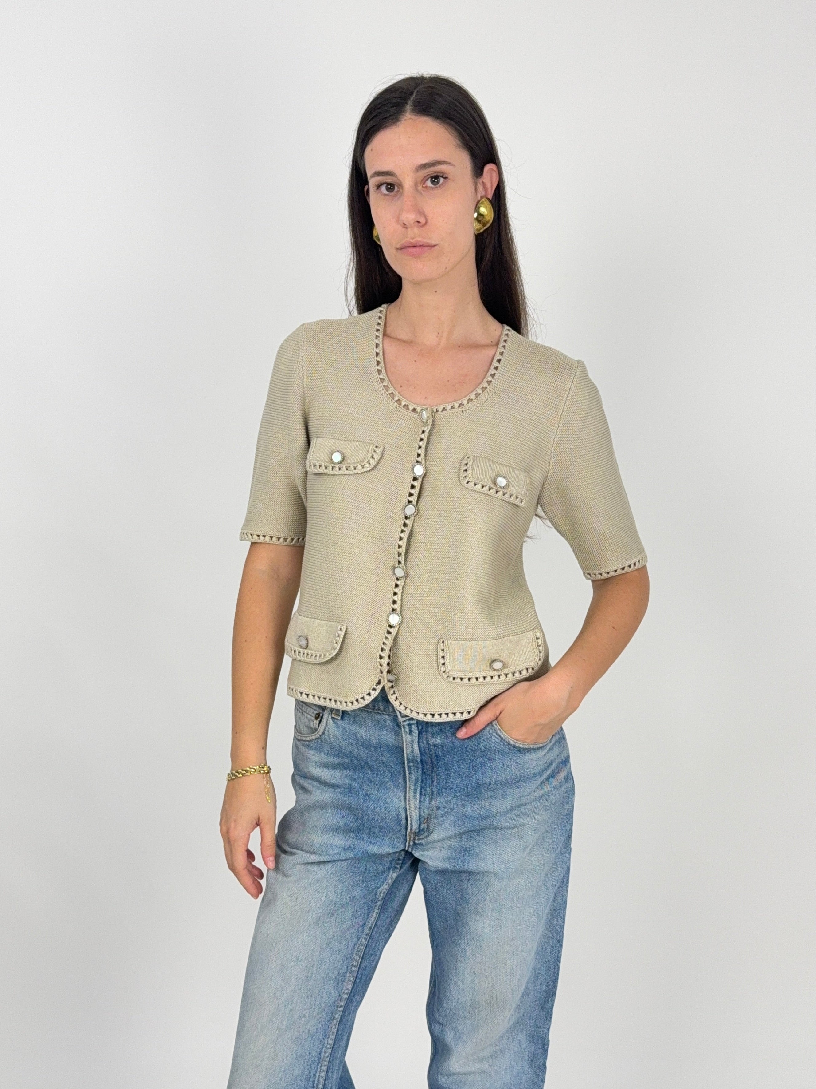 Maglia in Cotone con Bordura Crochet Anni '80 - Taglia M