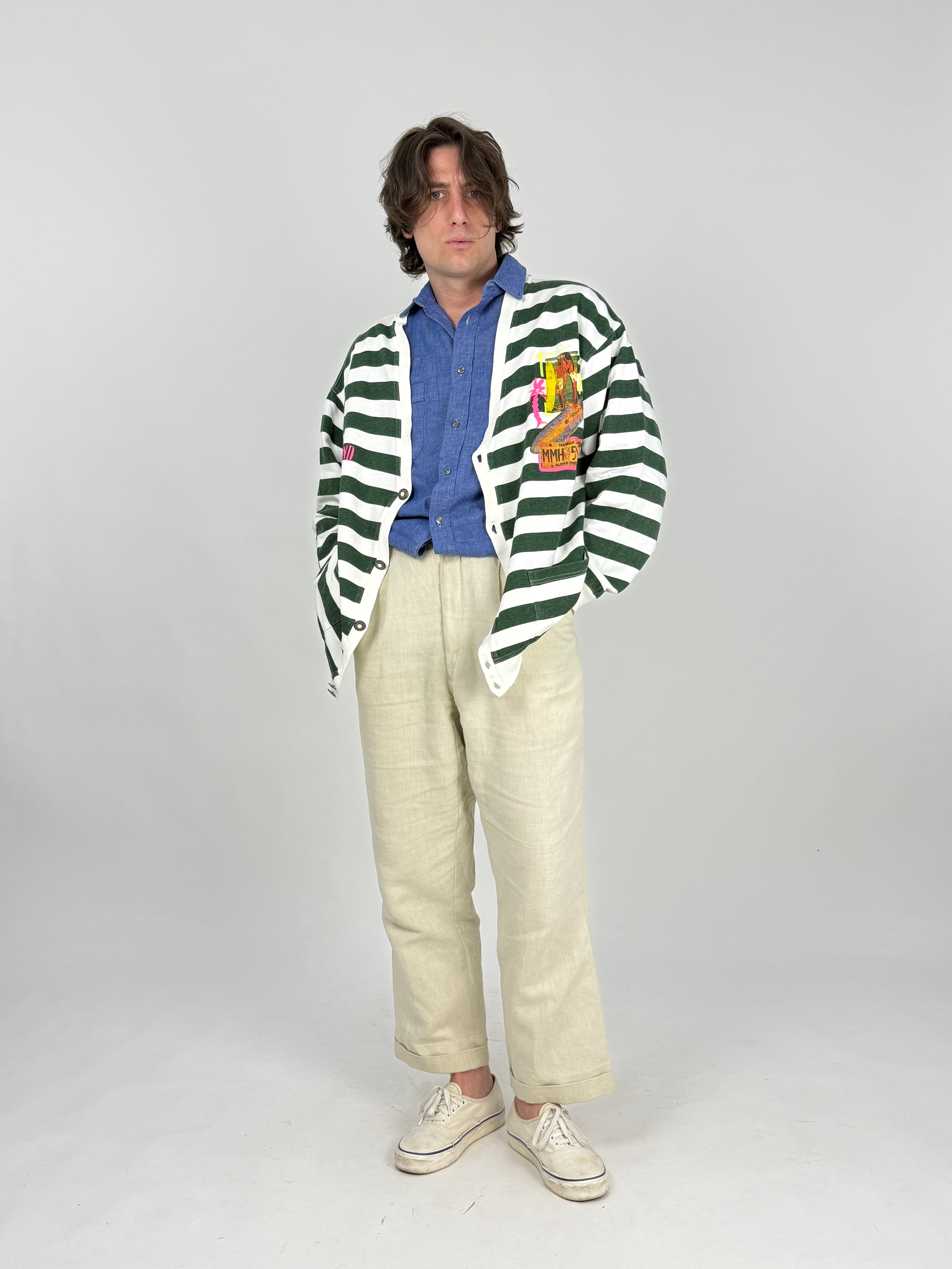 Cardigan Foxhound Cotone a Righe Anni '90 - Taglia XL