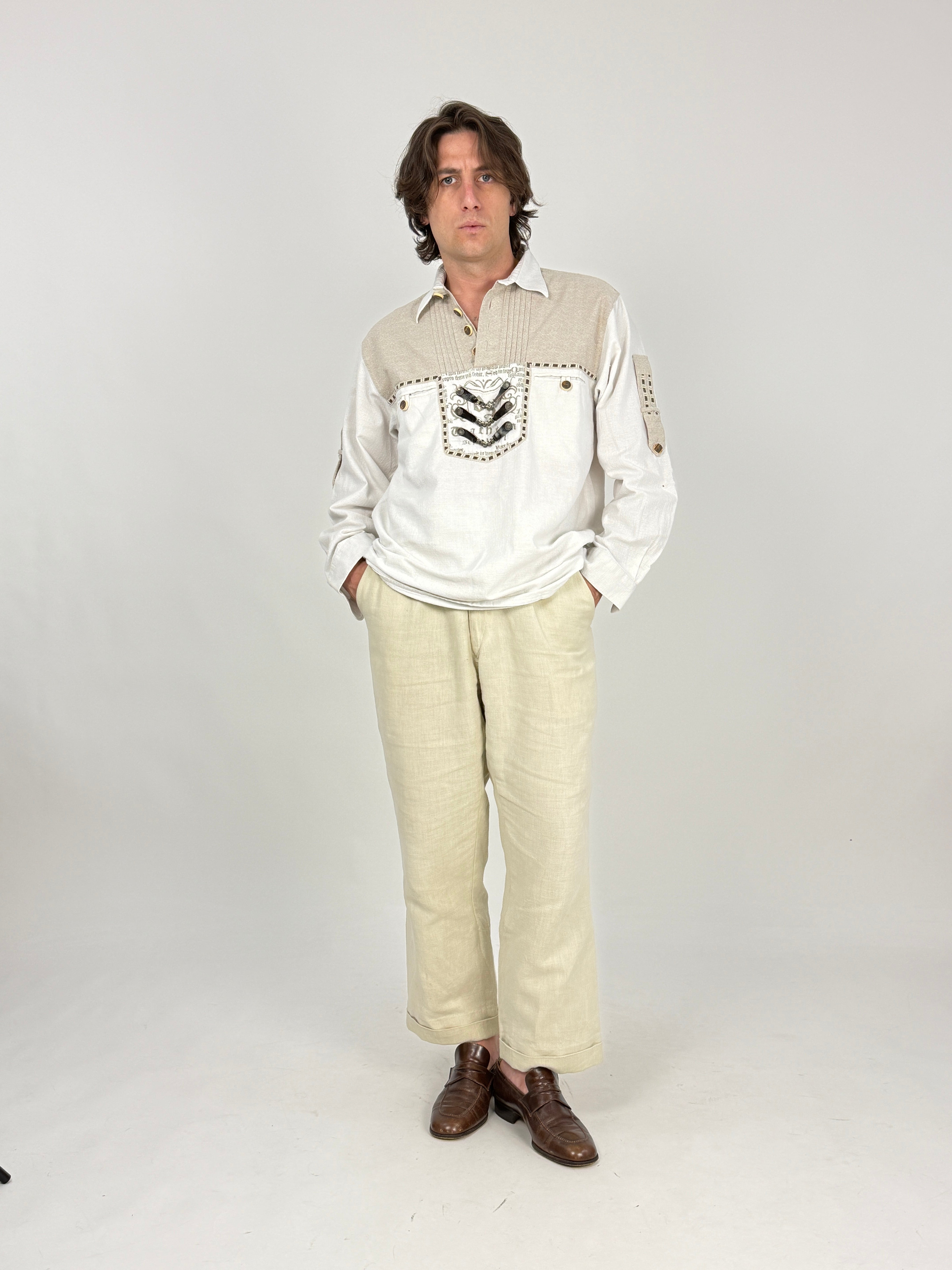 Camicia Trachten Vintage in Cotone Bianco - Taglia M
