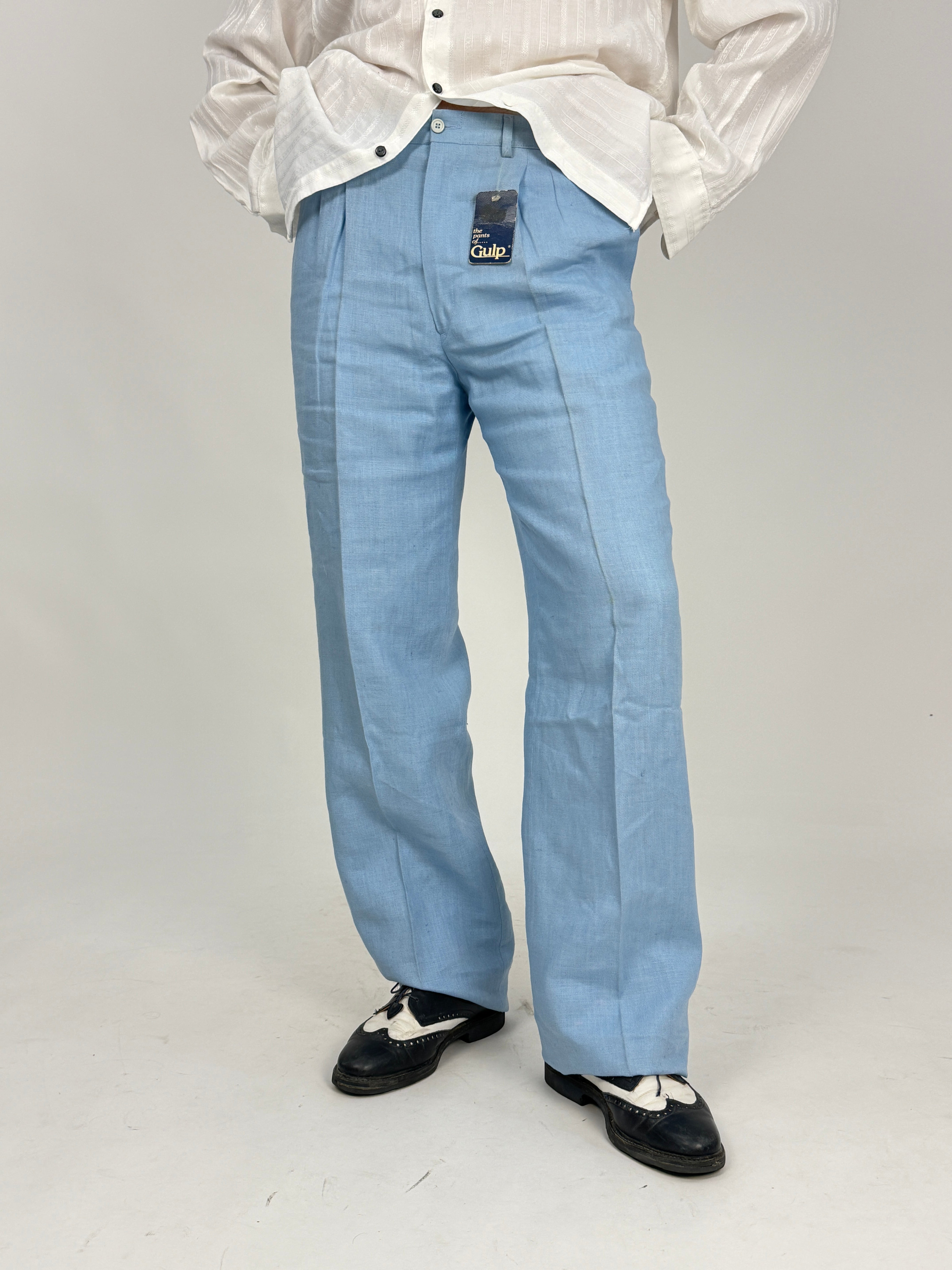 Pantaloni Vintage Gulp Deadstock Puro Lino Celeste Anni '70 - Taglia 48