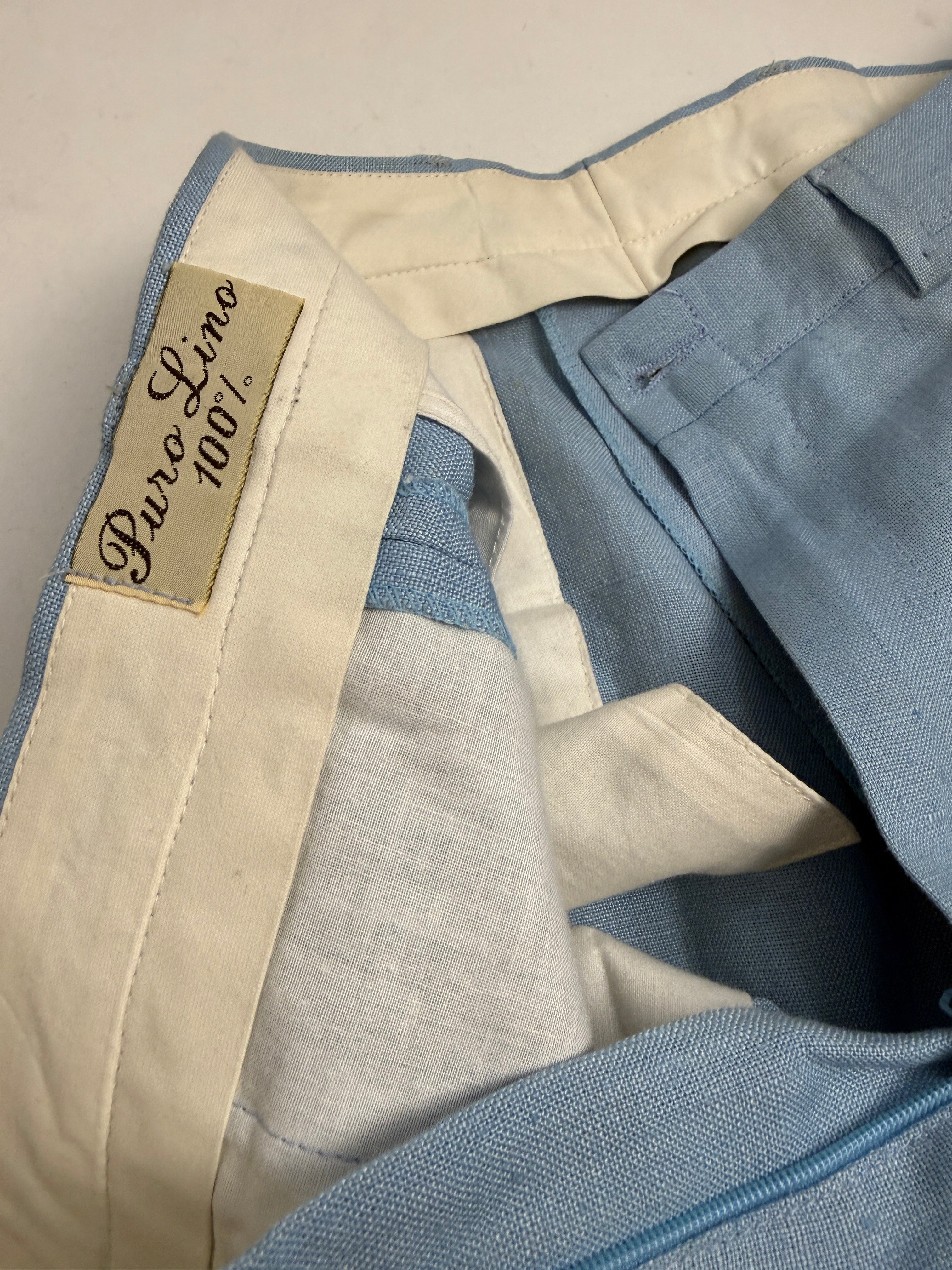 Pantaloni Vintage Gulp Deadstock Puro Lino Celeste Anni '70 - Taglia 48