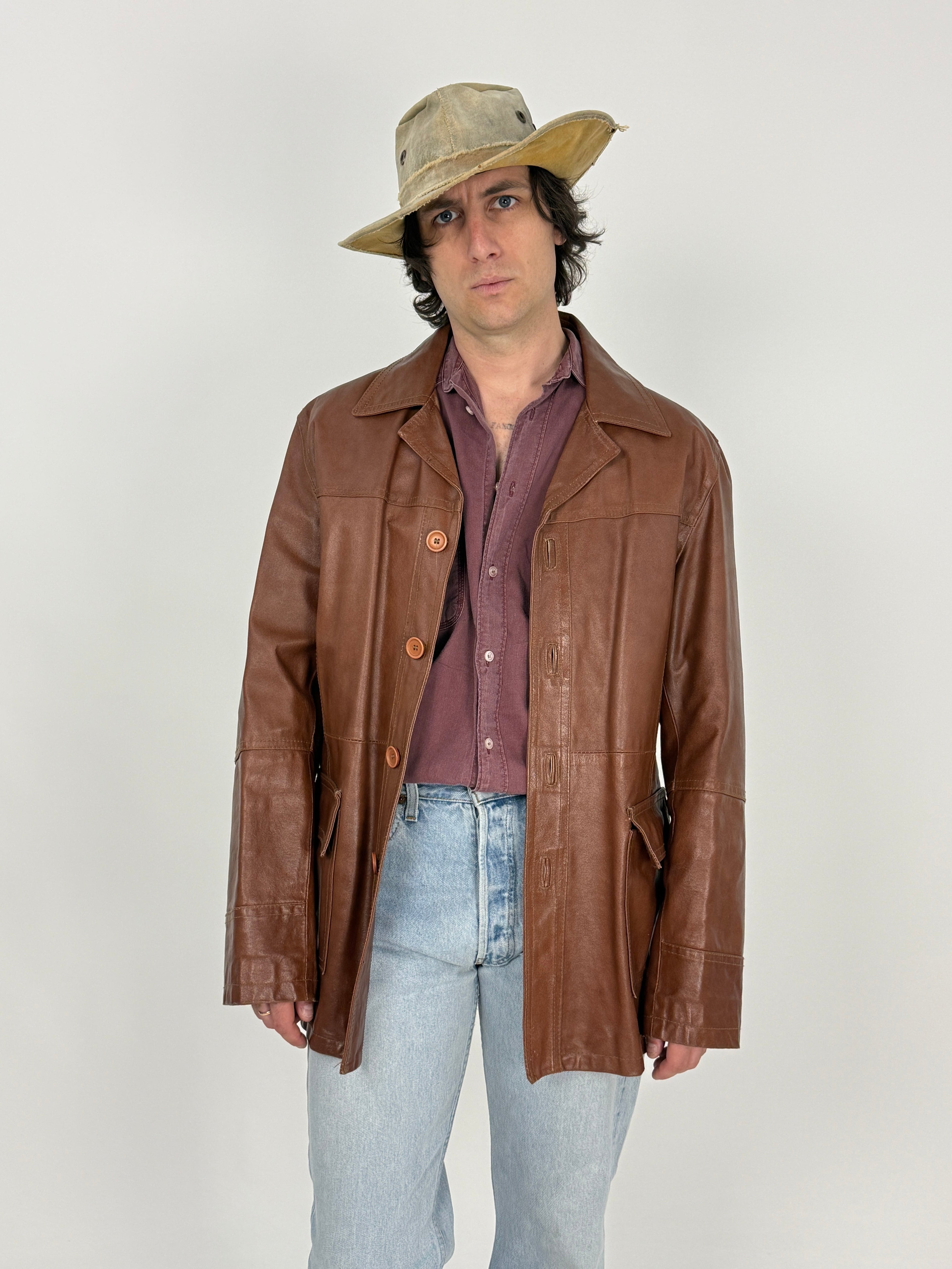 Giacca vintage pelle marrone cognac anni 70 - vista posteriore