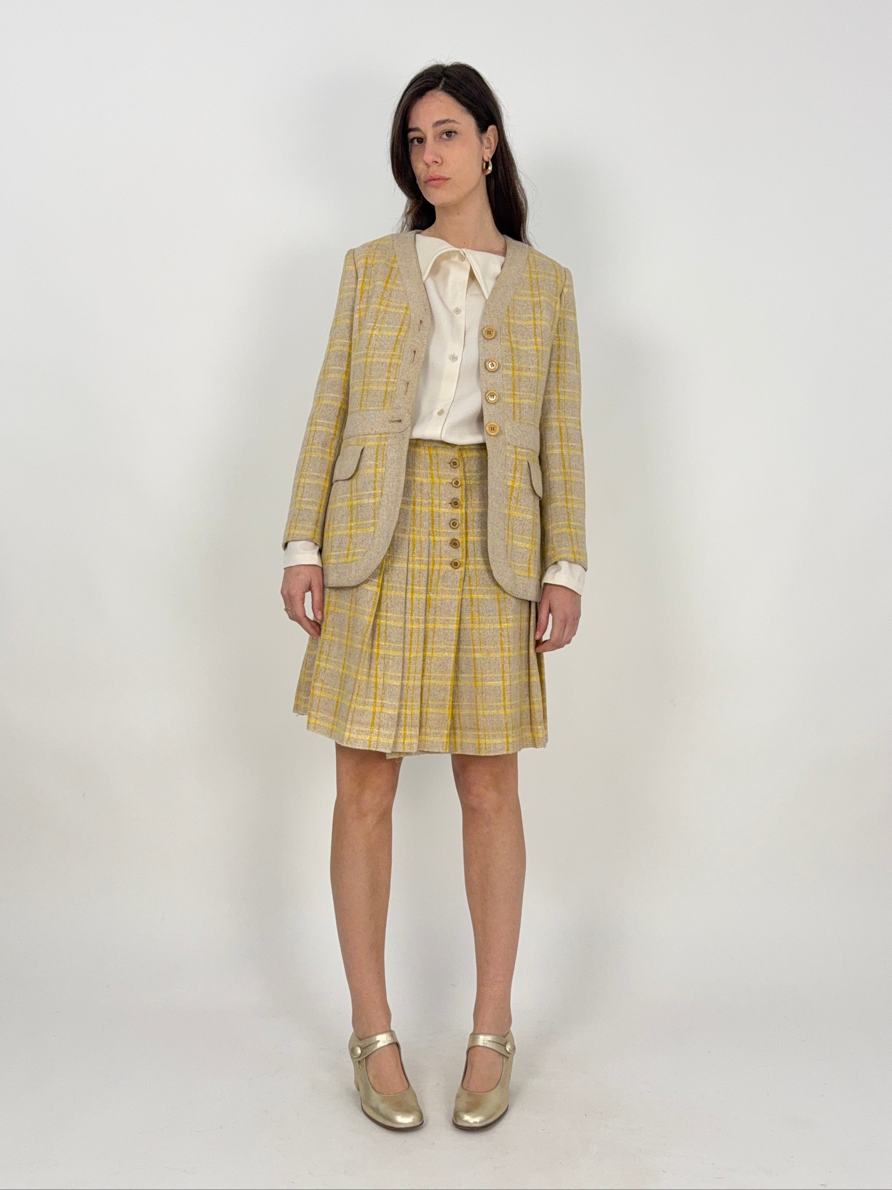 Completo sartoriale anni '70 in canapa - Giacca e gonna a pieghe