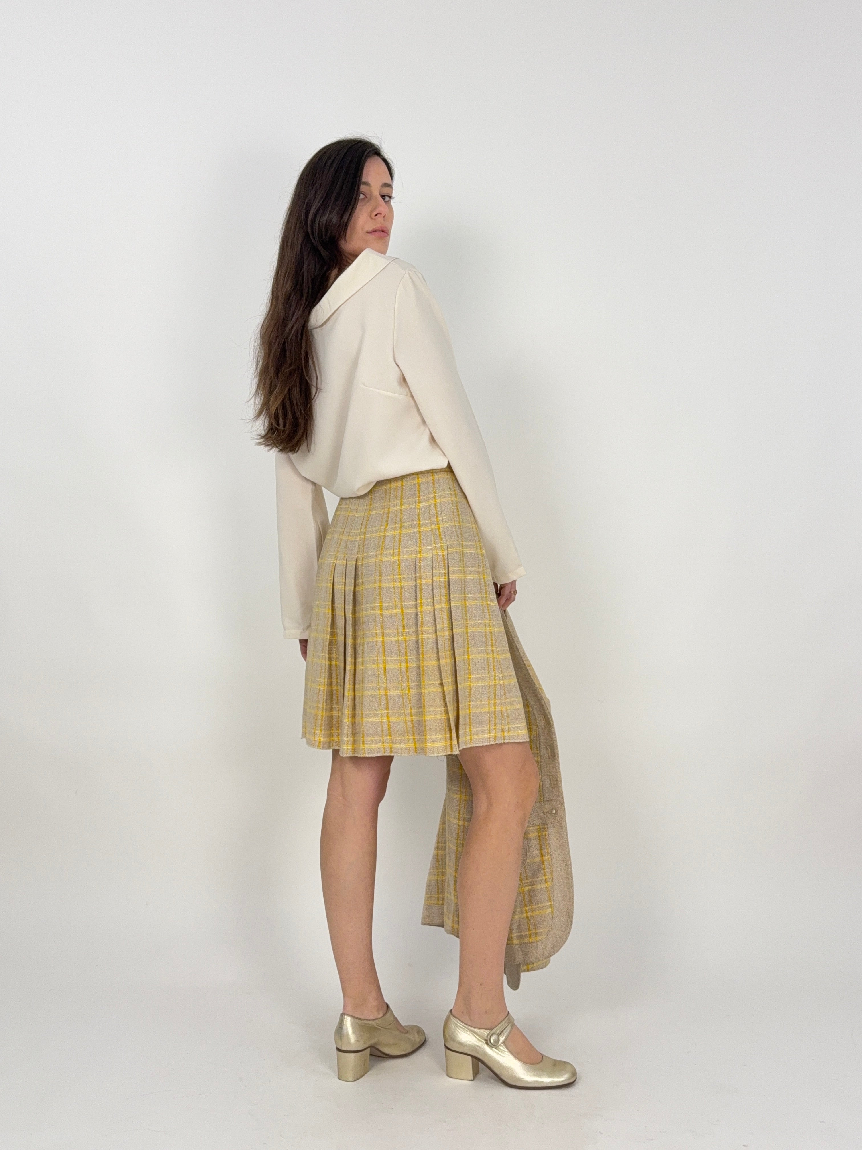 Completo sartoriale anni '70 in canapa - Giacca e gonna a pieghe