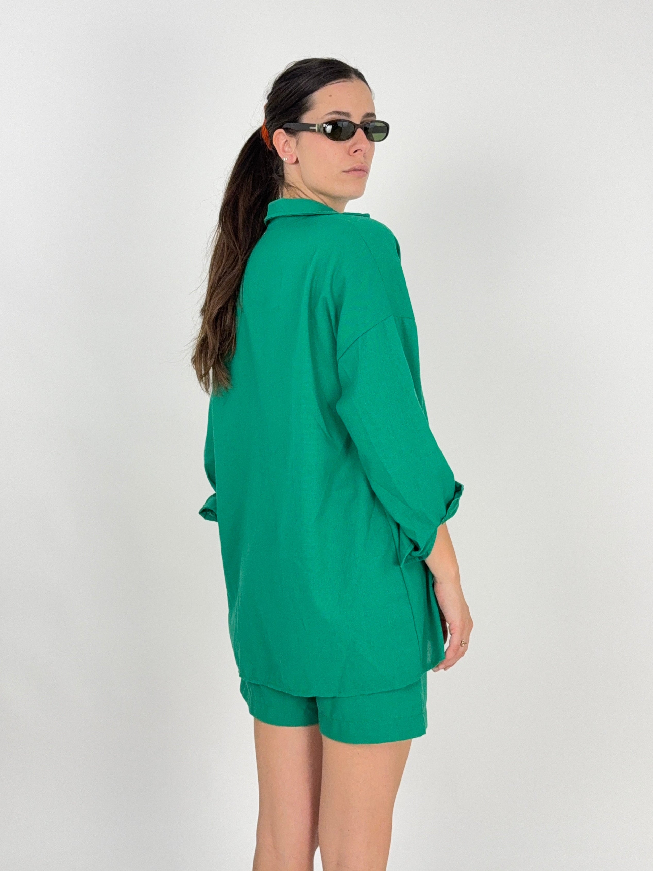Completo Camicia Over e Bermuda Misto Cotone Verde Anni '90