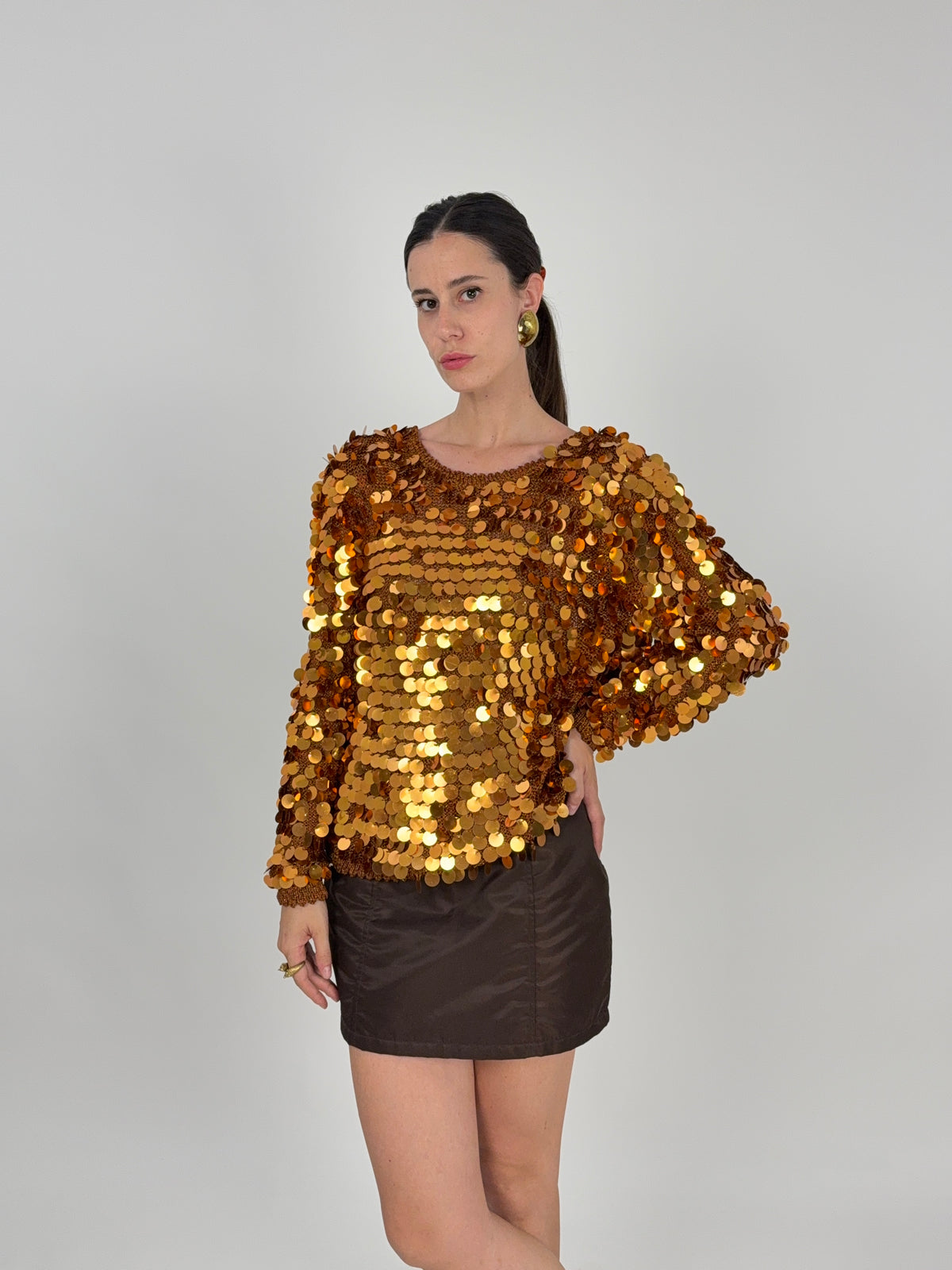 Maglia con Paillettes Anni '80 in Viscosa color Bronzo - Taglia M/L
