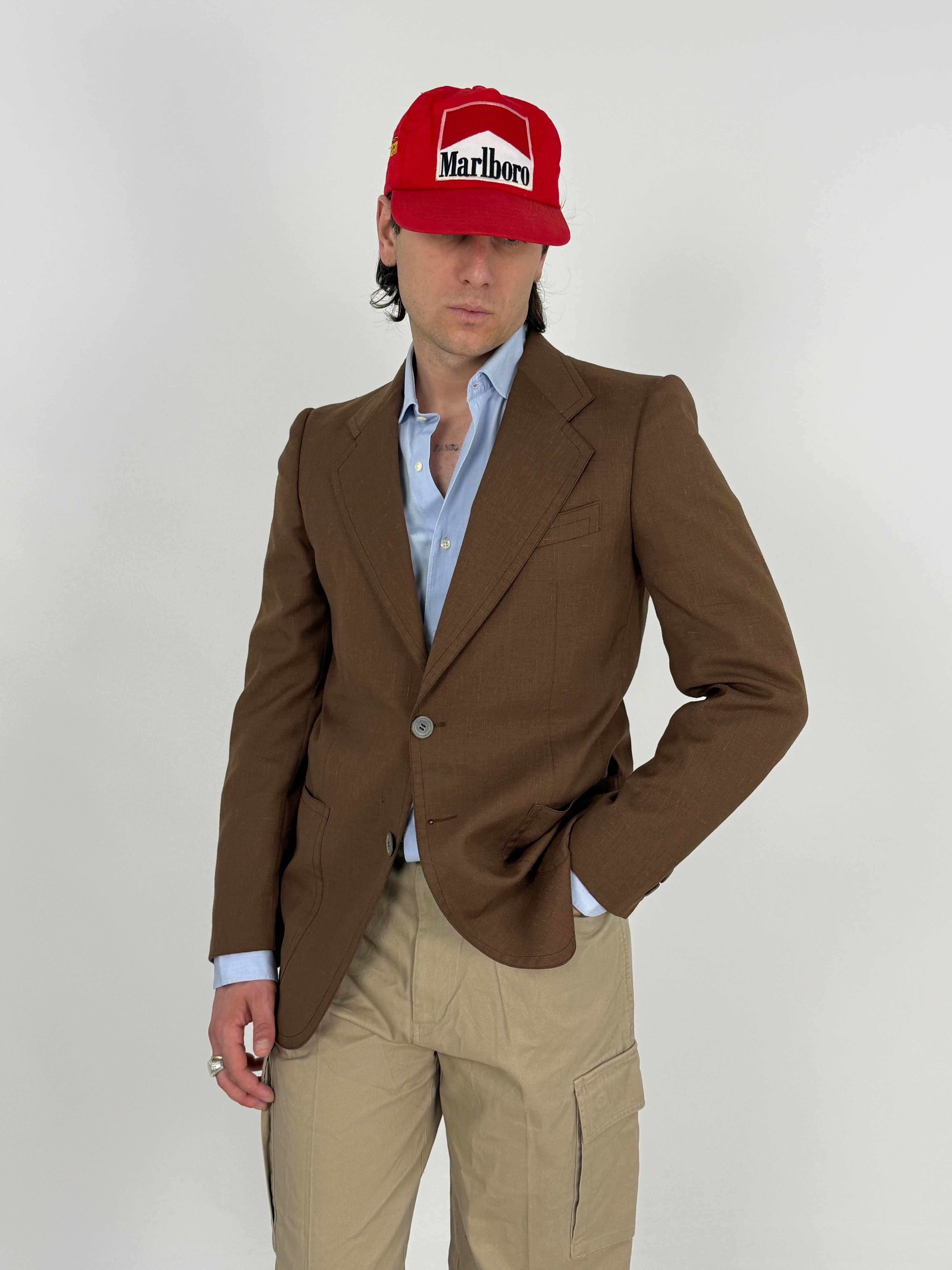 Blazer vintage lino cotone marrone tabacco - vista frontale modello