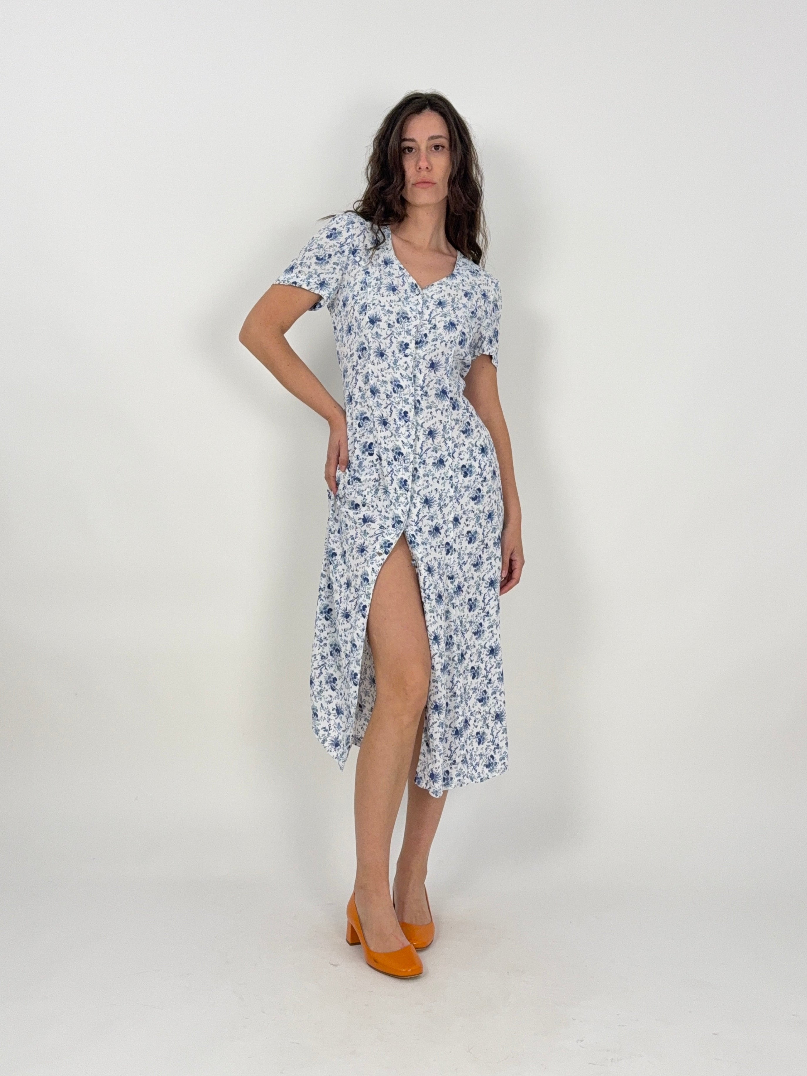 abito chemisier in tessuto crepe a fiori blu e bianco vintage donna
