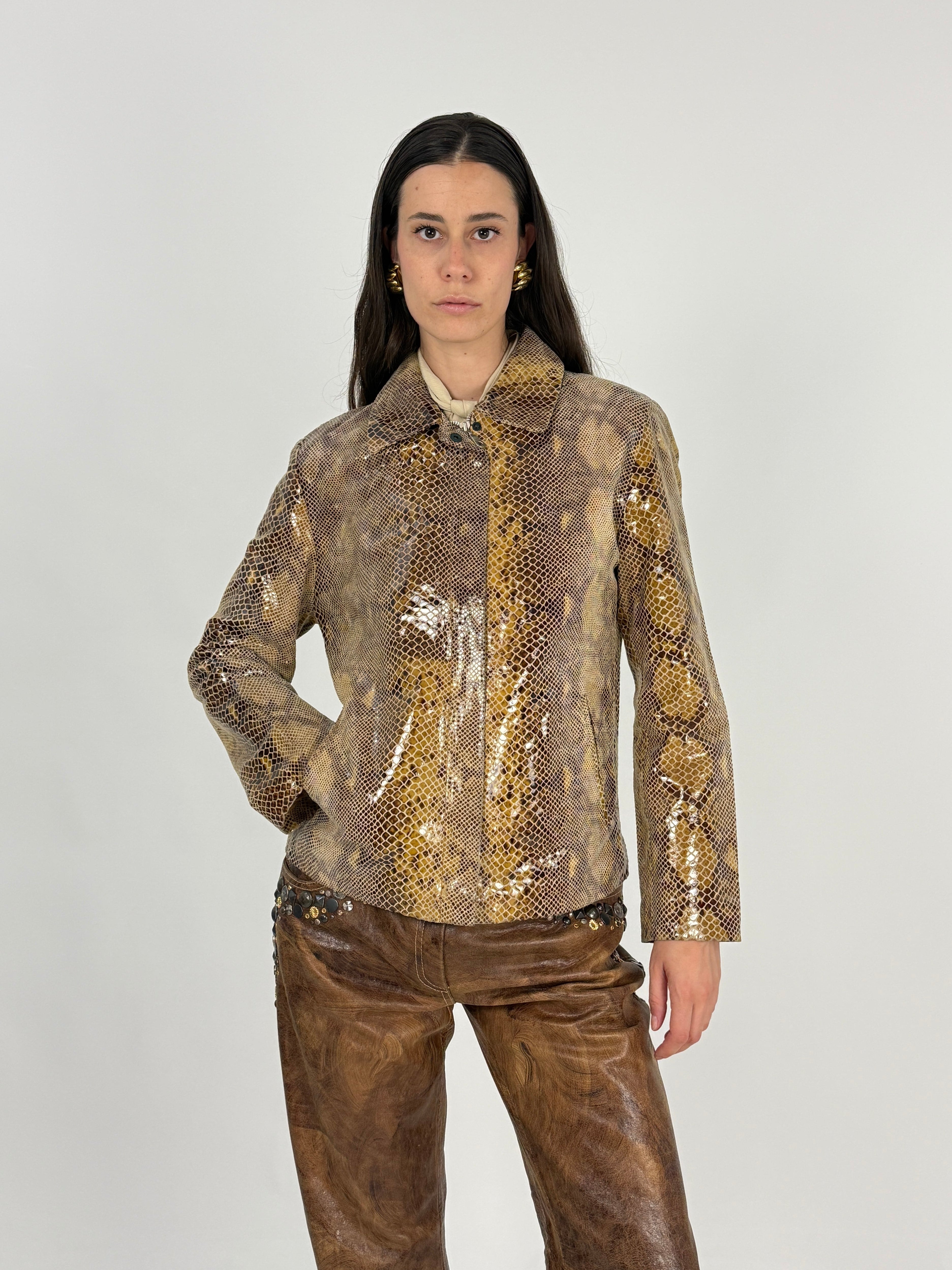 Giacca Vintage in Vera Pelle Stampa Rettile Pitonata – Taglia L