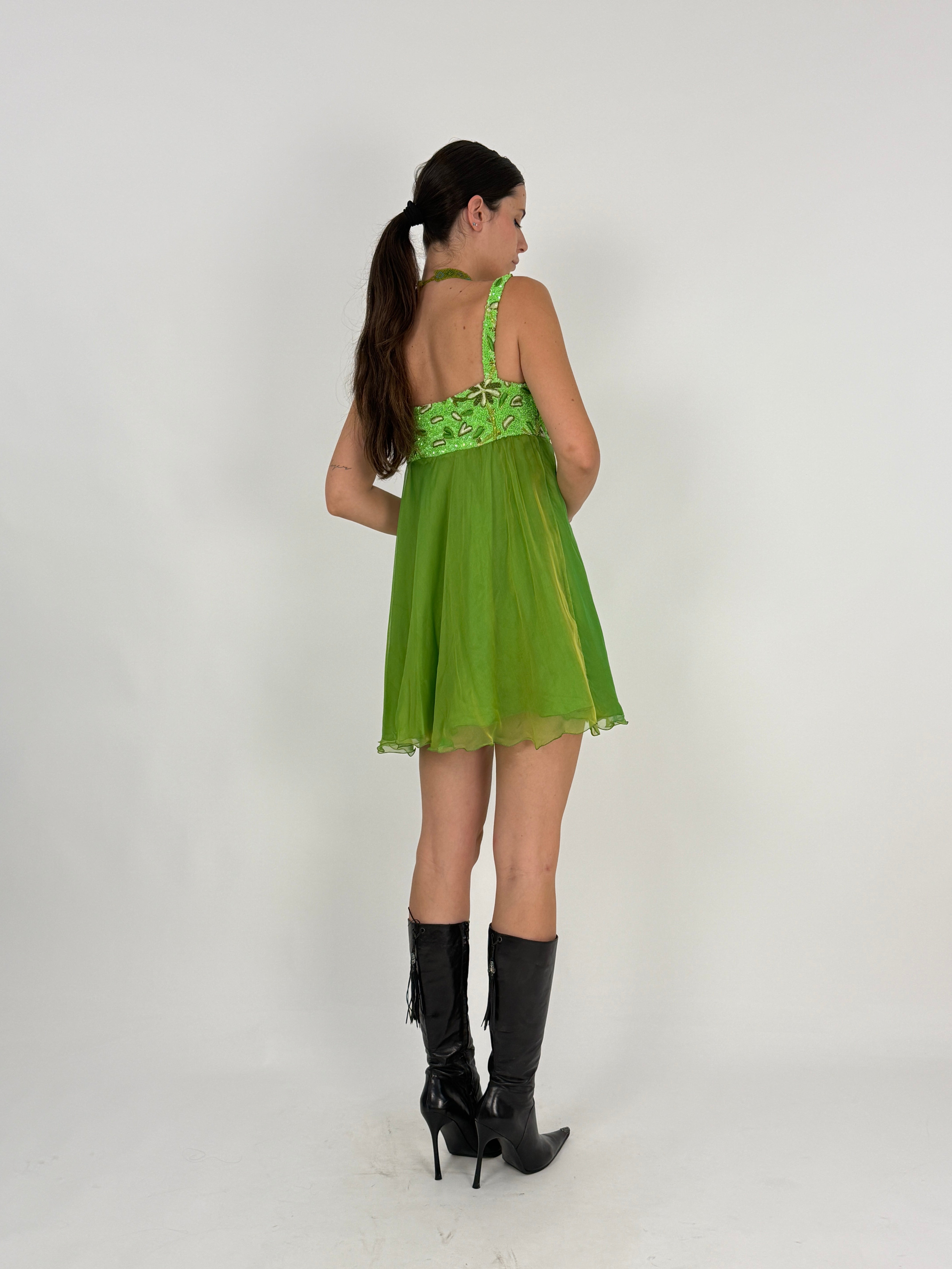 Abito Sartoriale Anni '80/'90 –  Seta e Paillettes Verde Lime