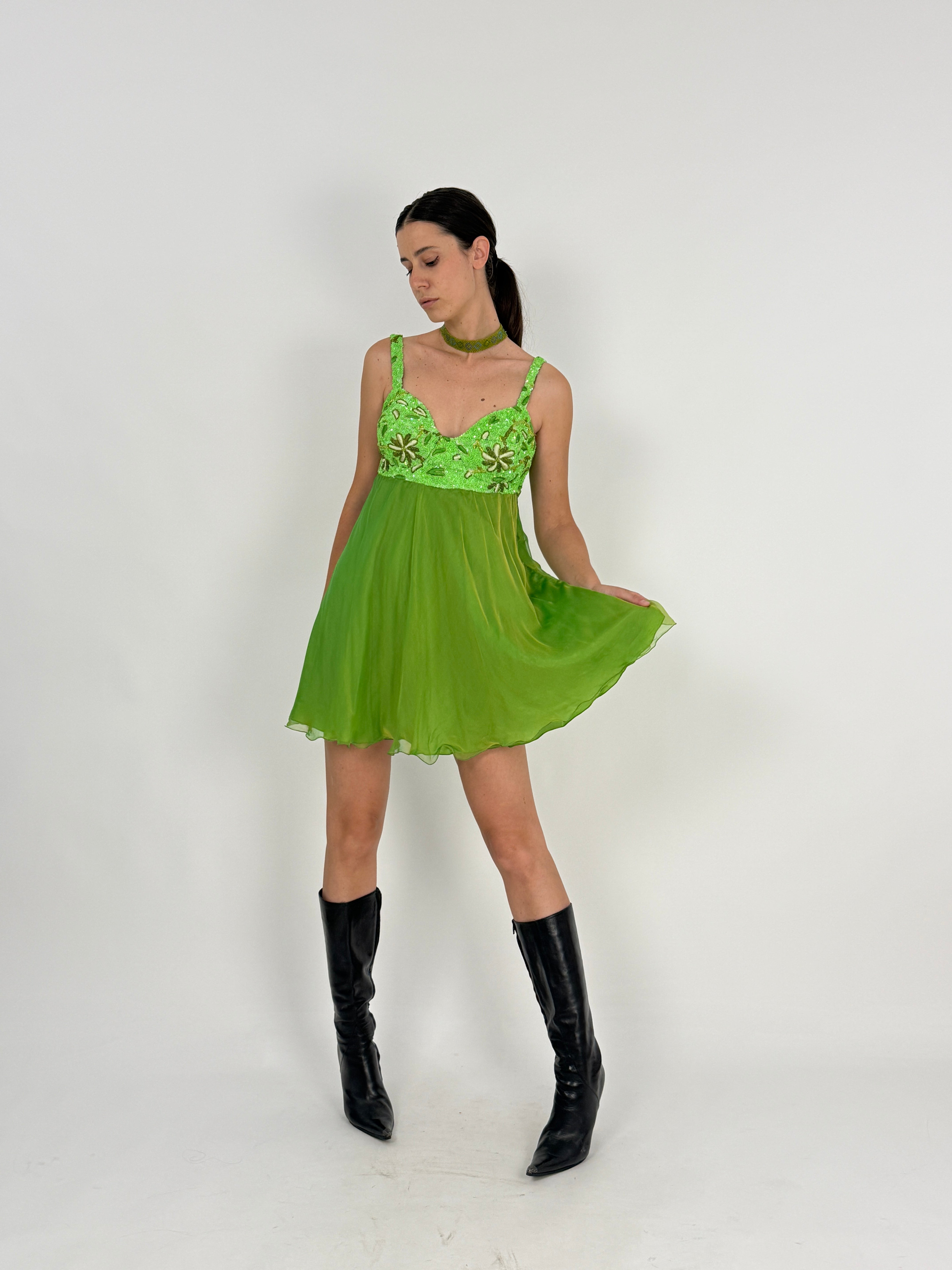 Abito Sartoriale Anni '80/'90 –  Seta e Paillettes Verde Lime