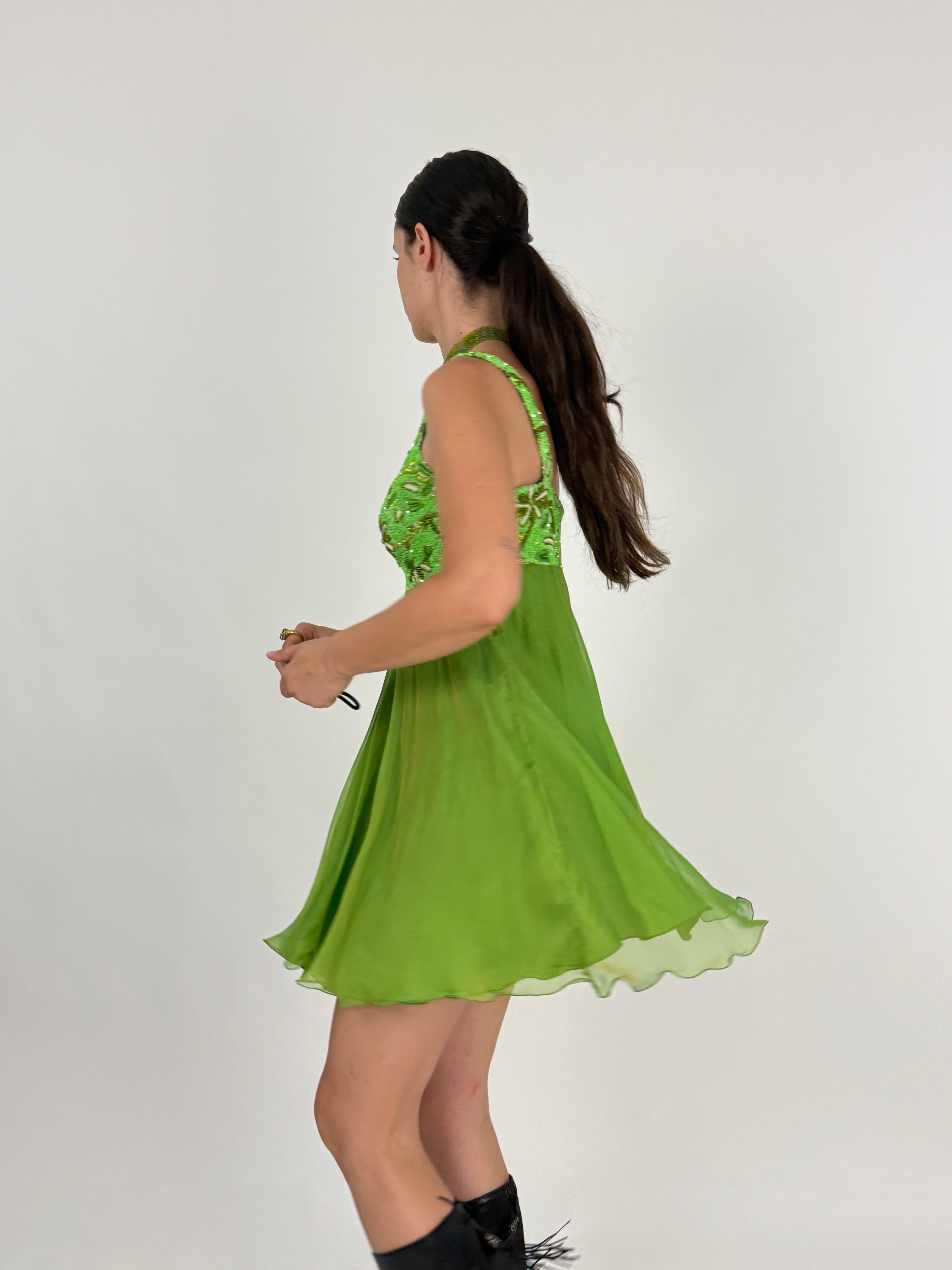 Abito Sartoriale Anni '80/'90 –  Seta e Paillettes Verde Lime