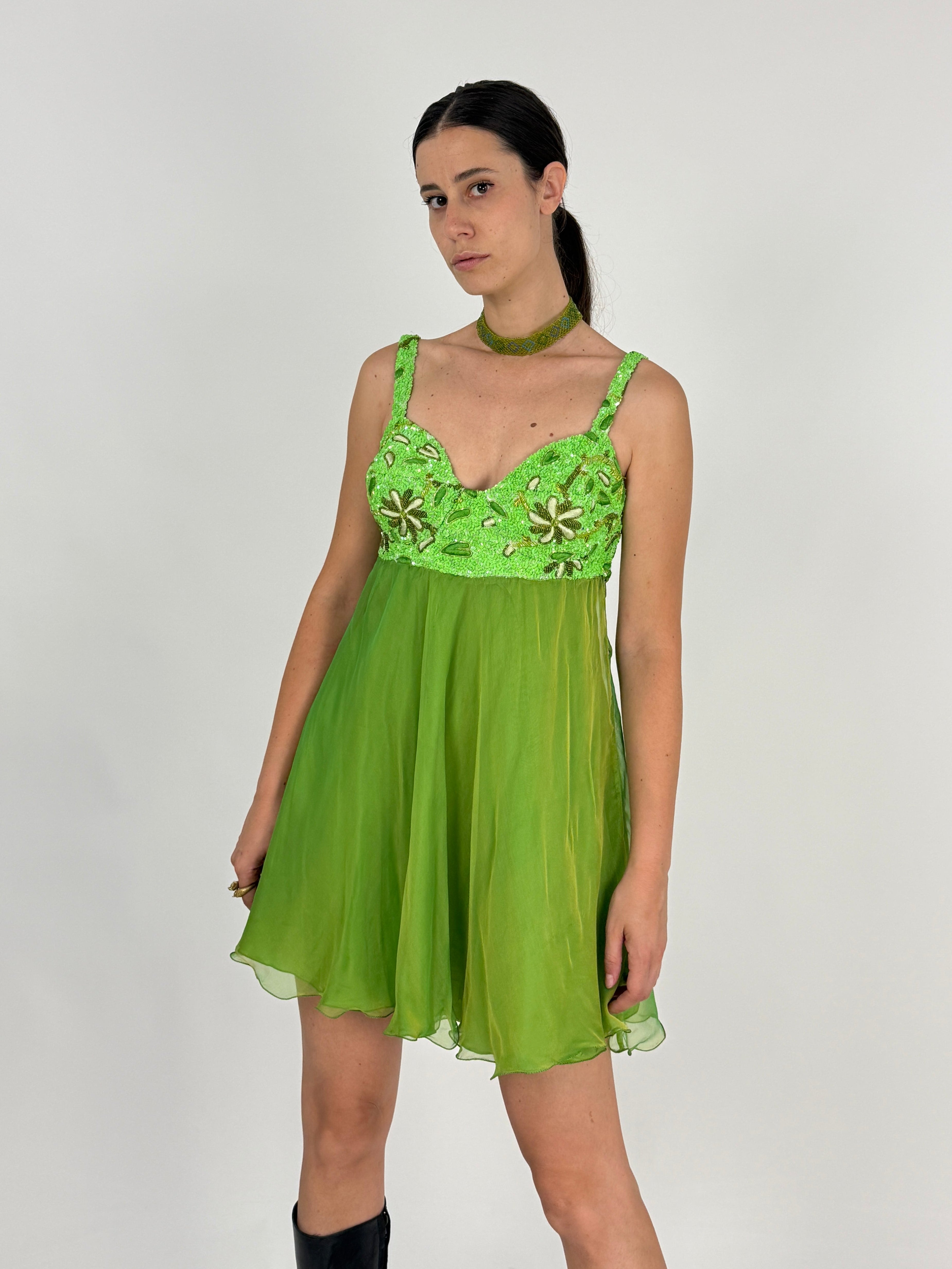 abito sartoriale in seta e paillettes vintage color verde lime