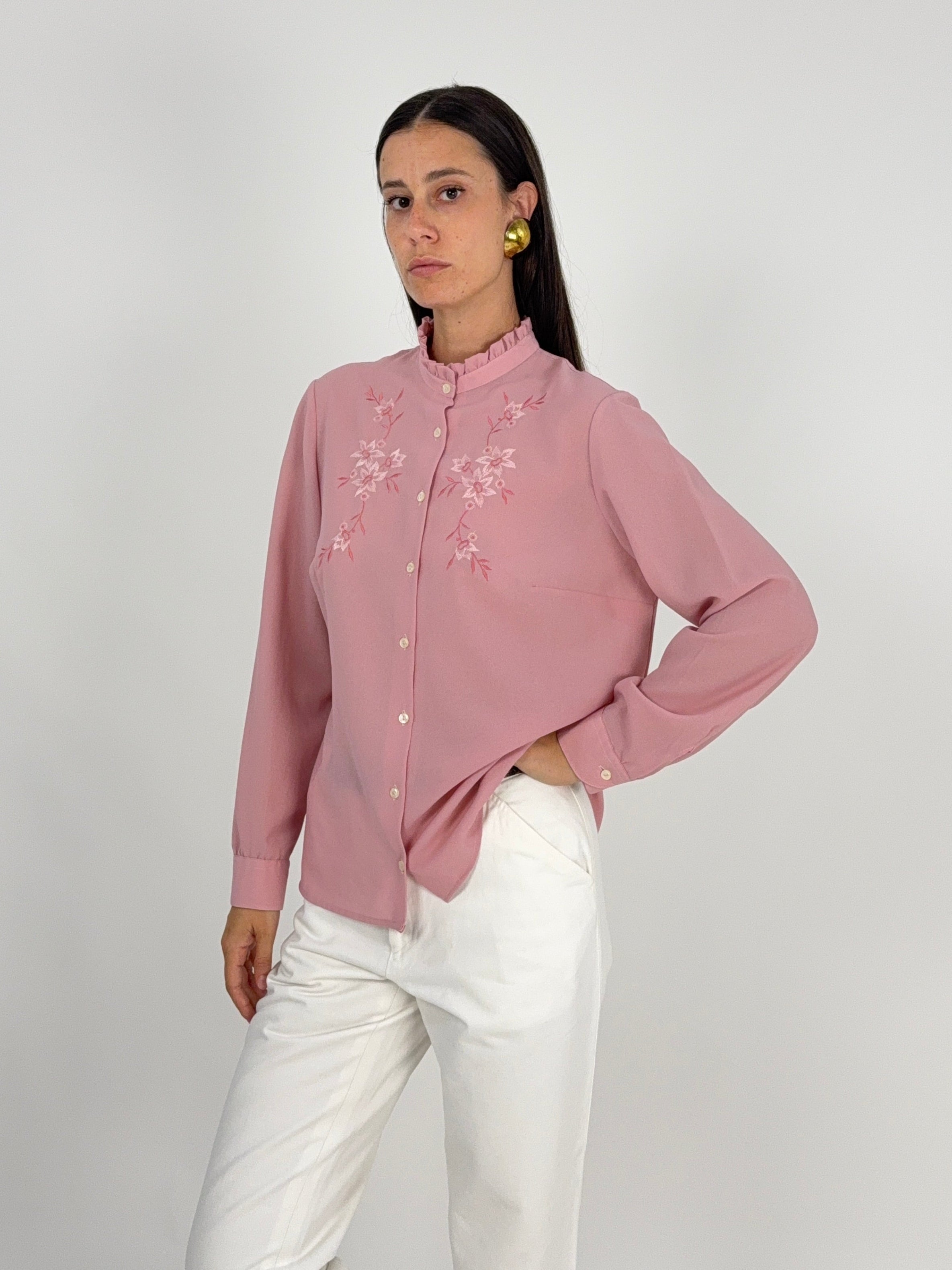 Camicia Rosa Anni '70 con Ricami Floreali