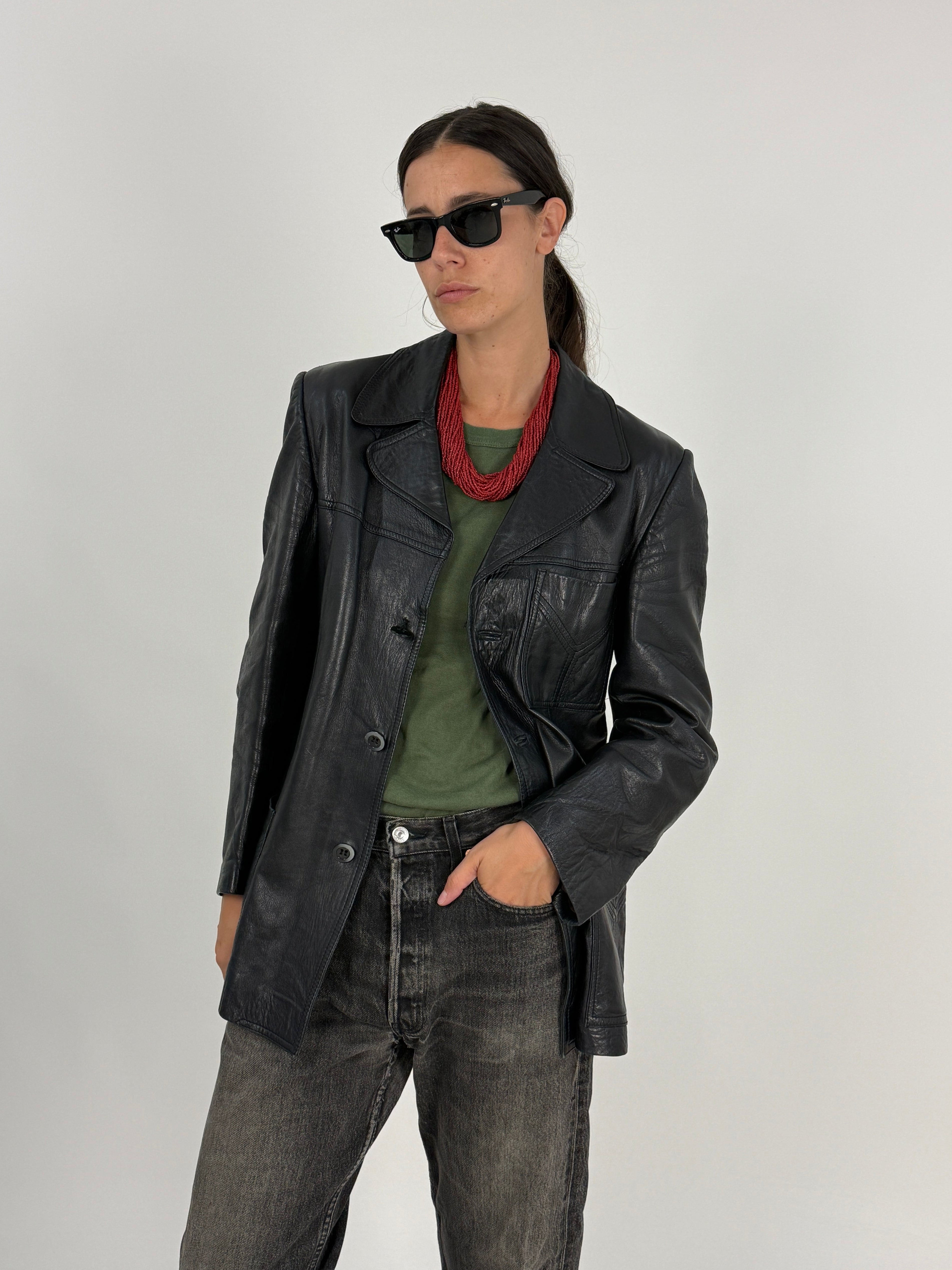 Giacca in Pelle Vintage Alberto Monti Nera con Dettagli Western - Taglia L