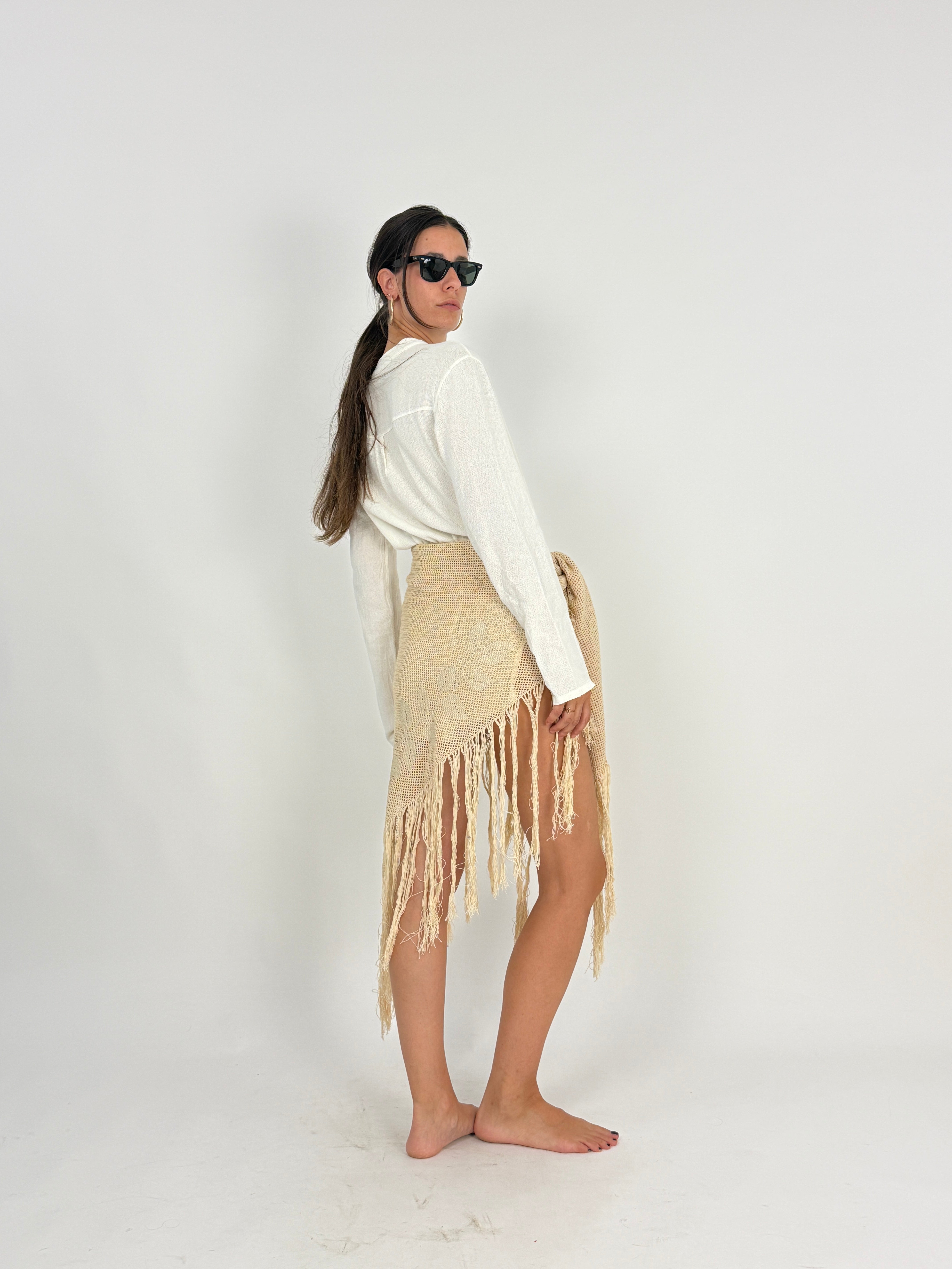 Scialle Vintage all'Uncinetto Beige con Frange - Pareo Boho Chic