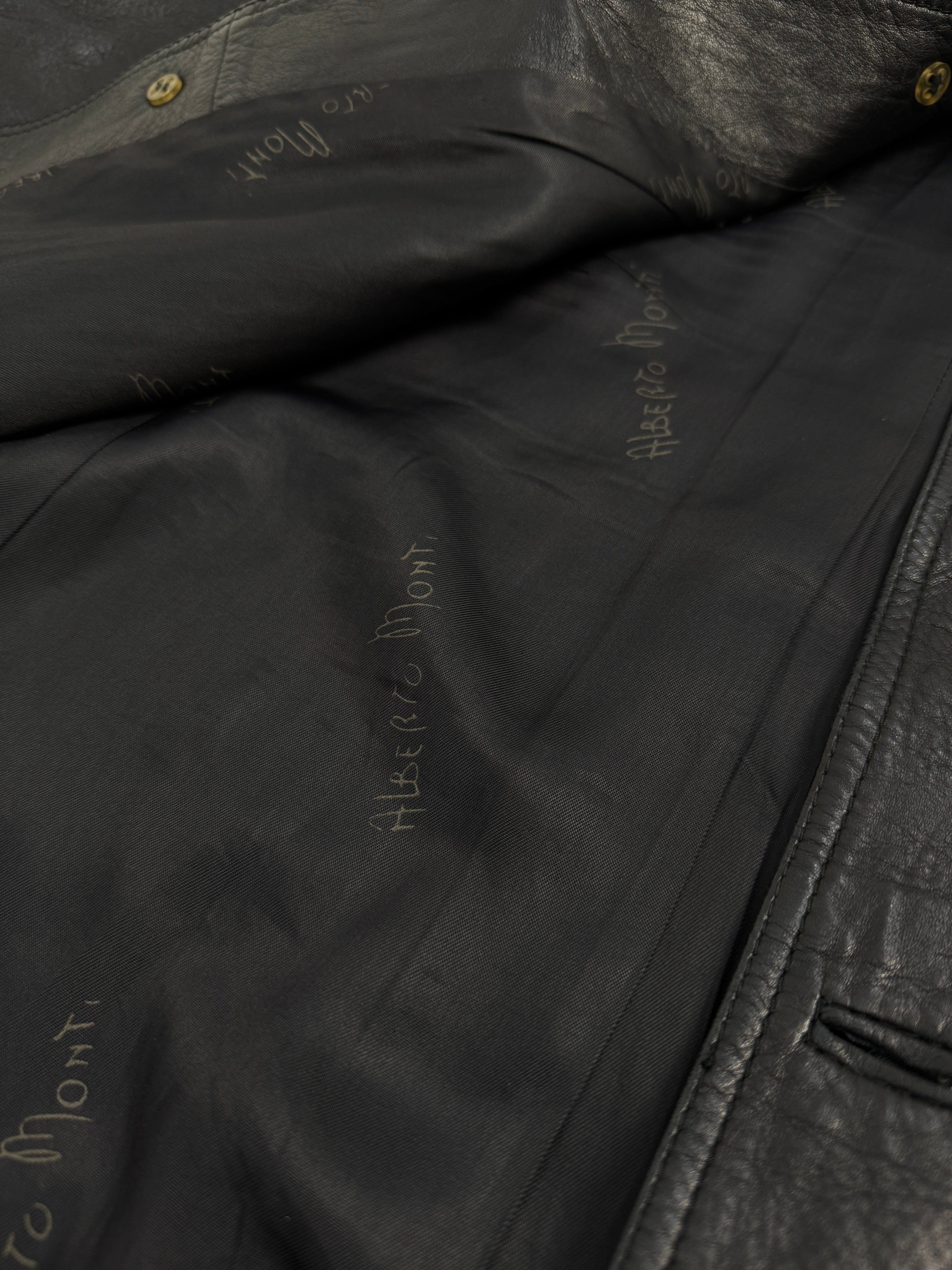 Giacca pelle vintage Alberto Mont nera - dettaglio fodera jacquard con logo all-over