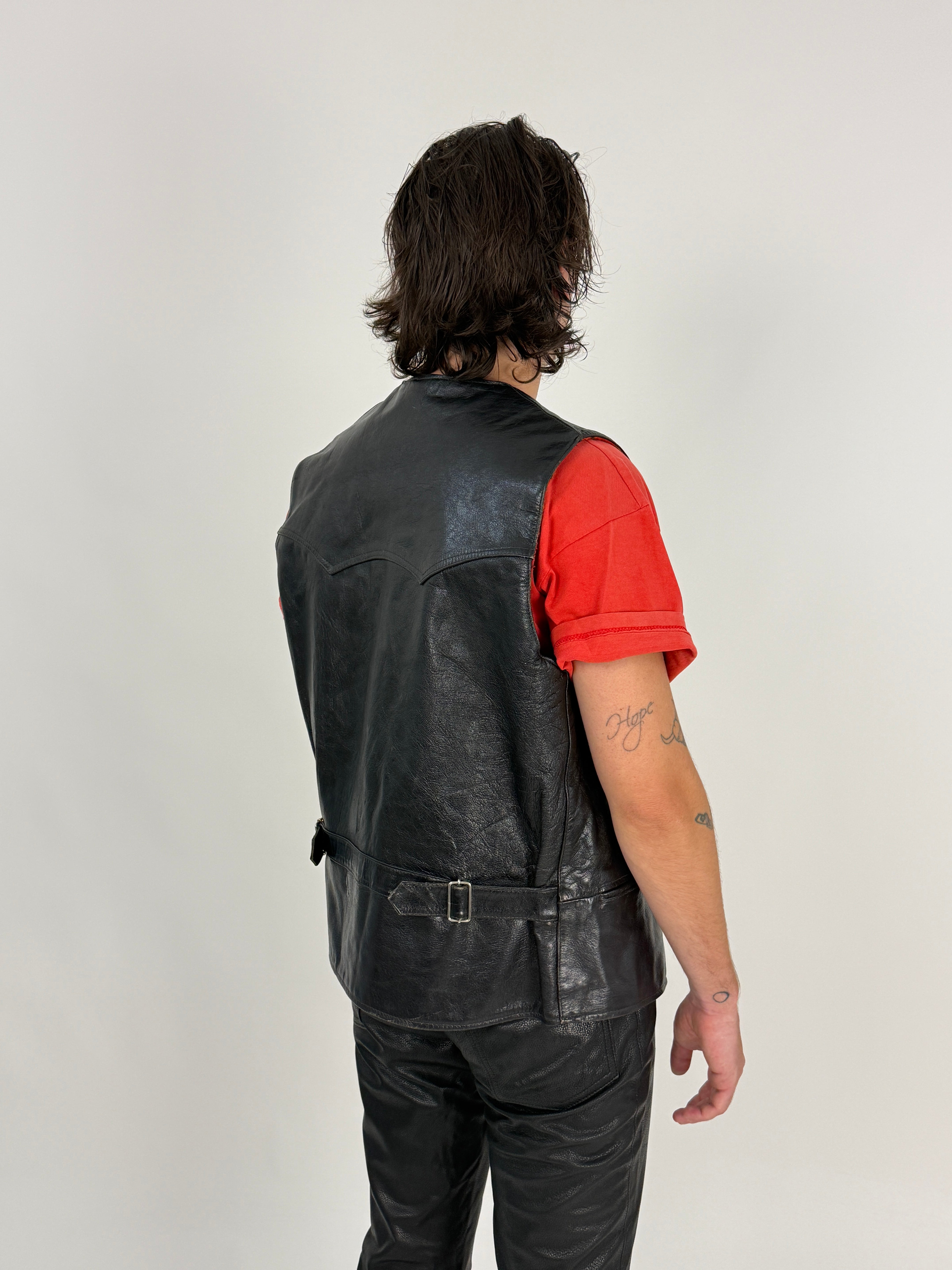 Gilet Pelle Anni '70 Fodera Lana Tartan Rossa - Taglia L