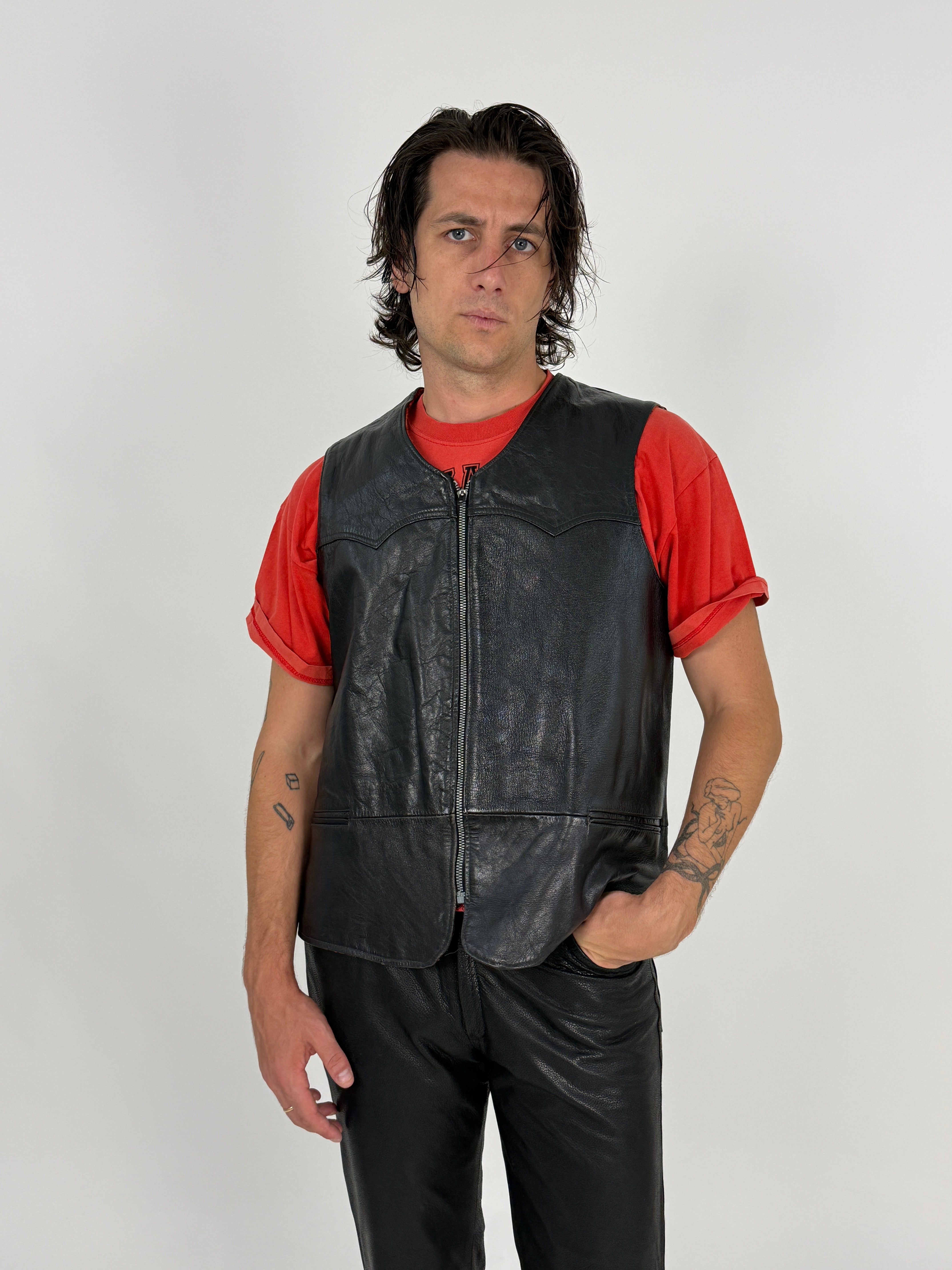 Gilet Pelle Anni '70 Fodera Lana Tartan Rossa - Taglia L