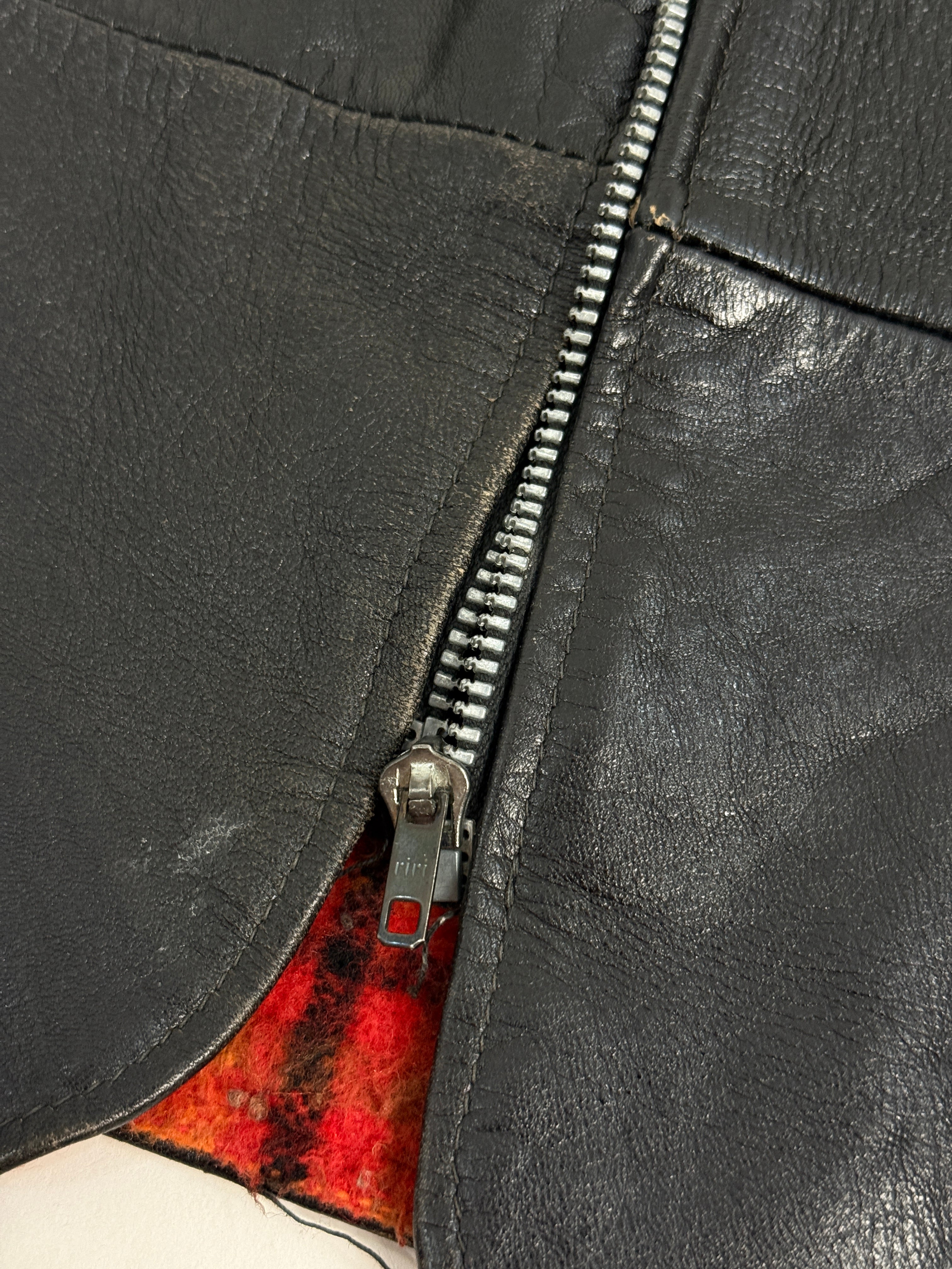 Gilet Pelle Anni '70 Fodera Lana Tartan Rossa - Taglia L