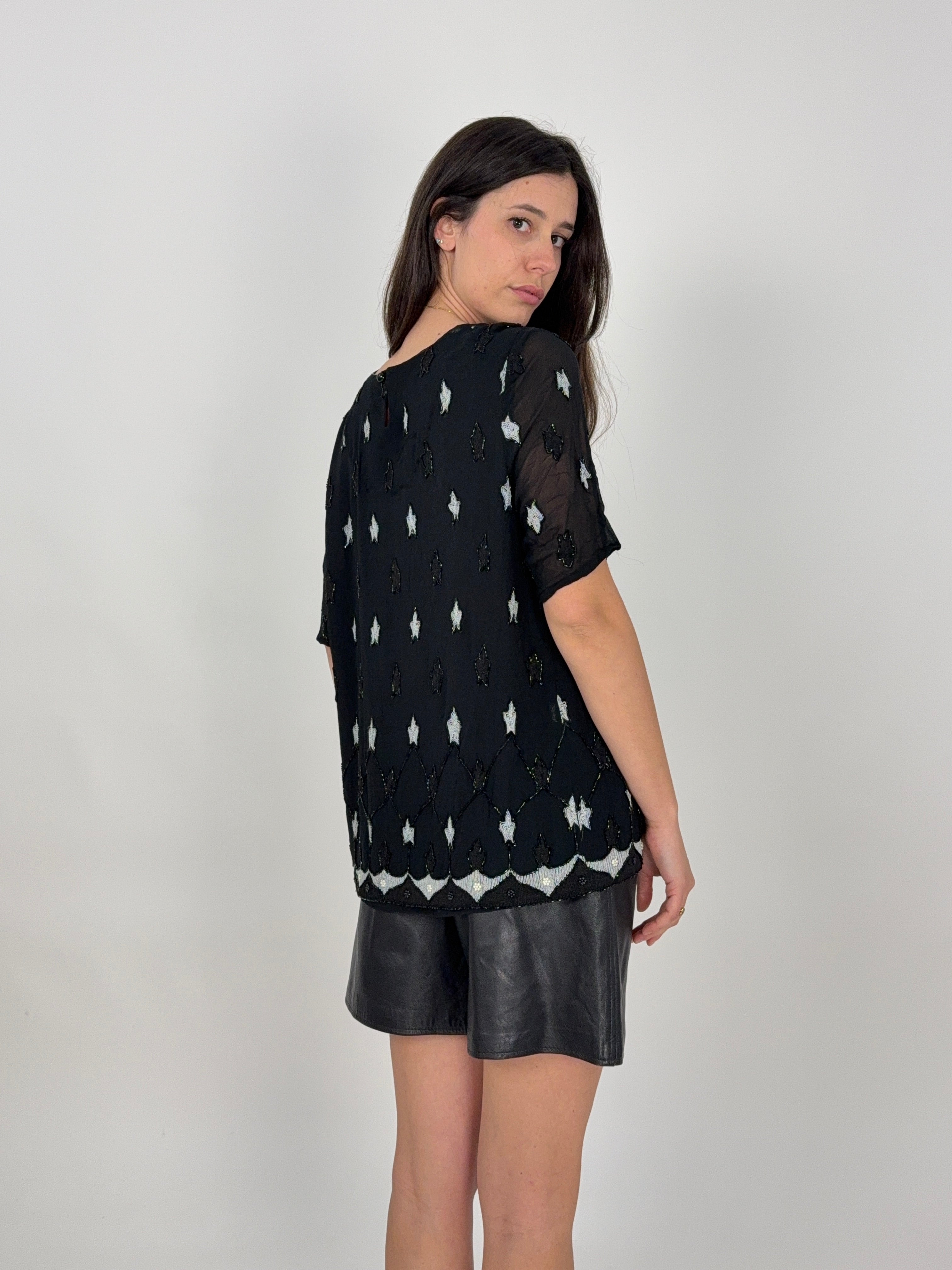 Blusa vintage in Chiffon con Ricami e Perline - fatta a mano