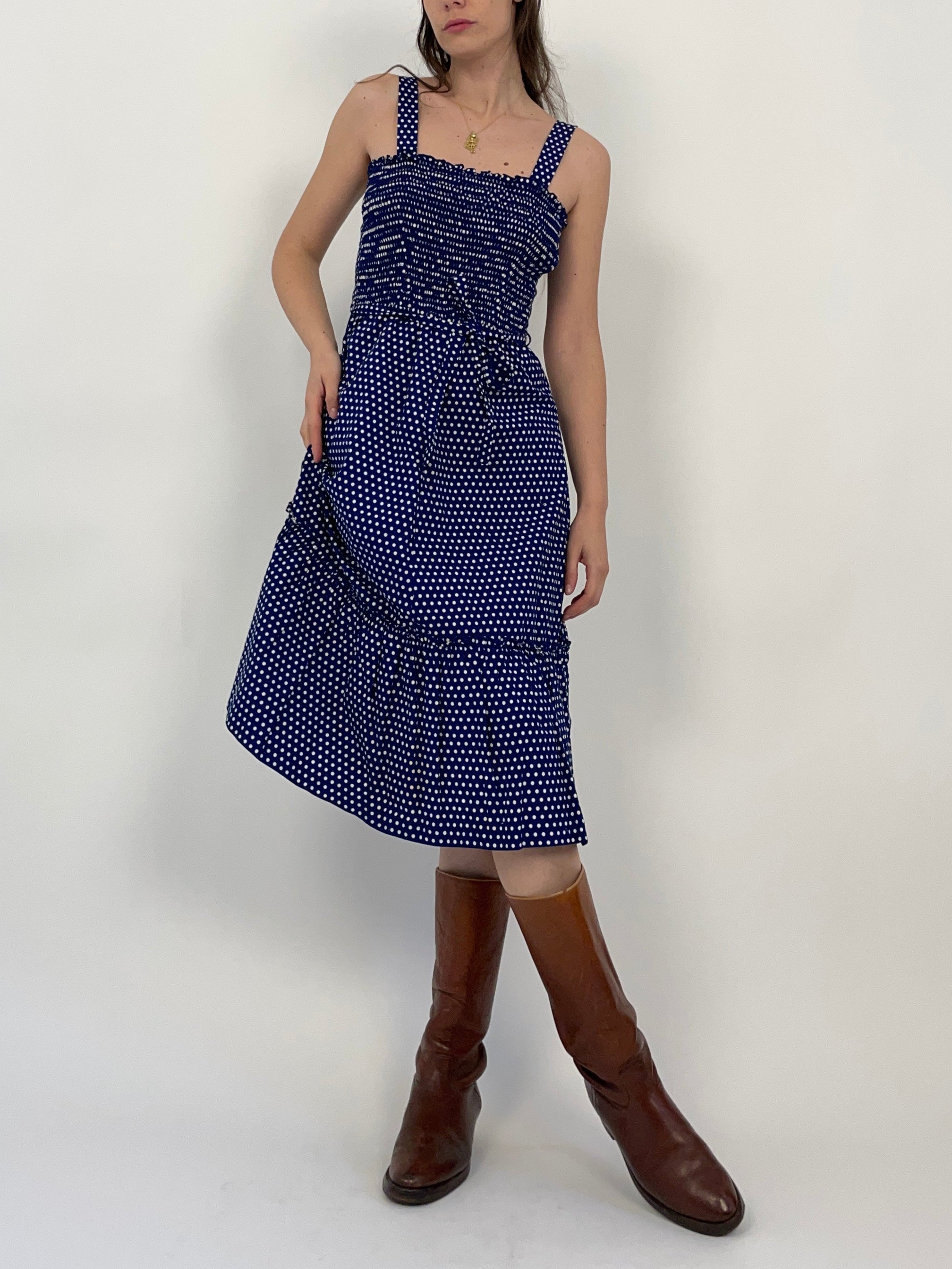 abito-midi-a-pois-anni-60-blu-e-bianco