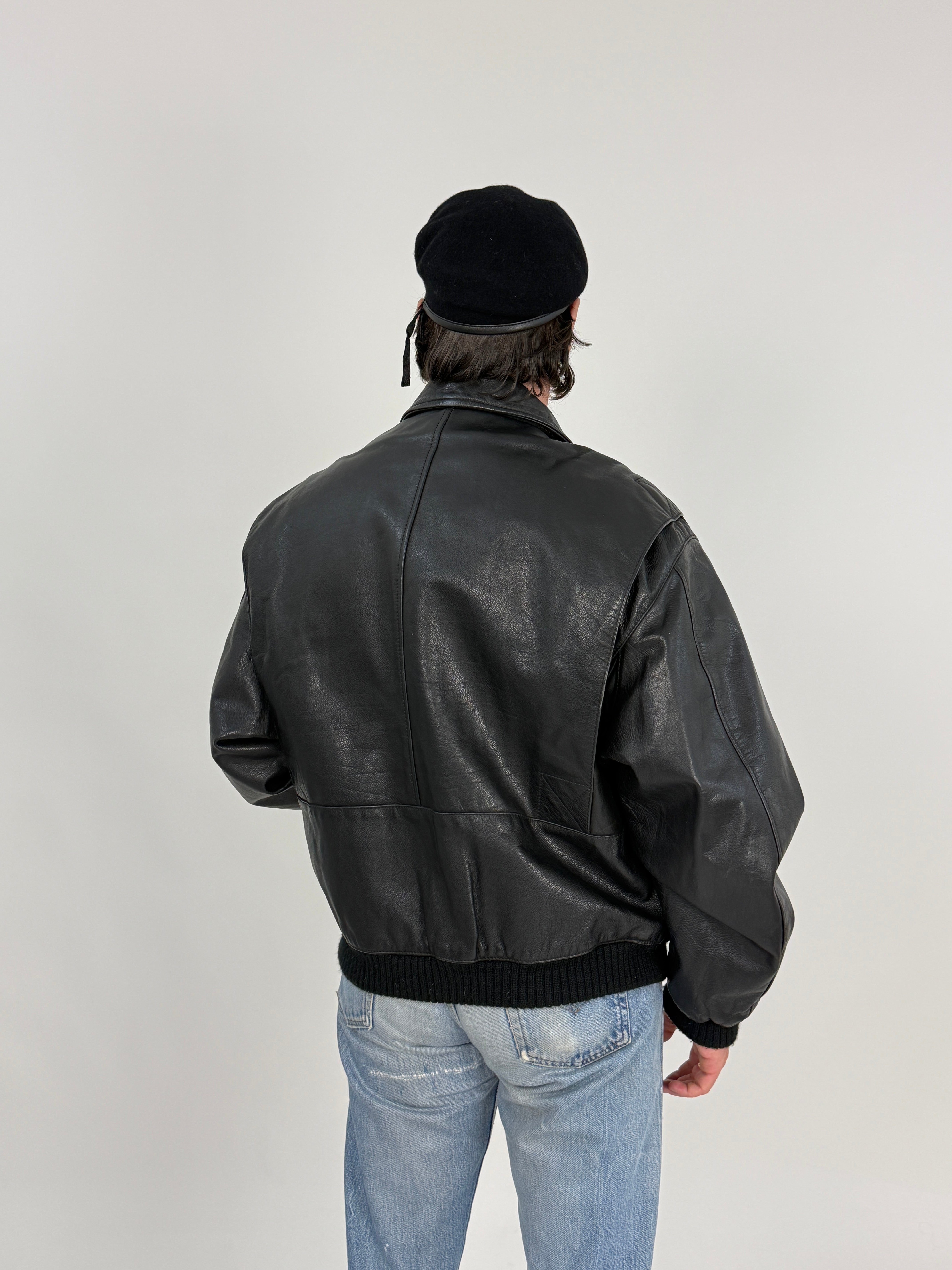 Bomber Trussardi Action Pelle Nera Anni '80 - Taglia L/XL