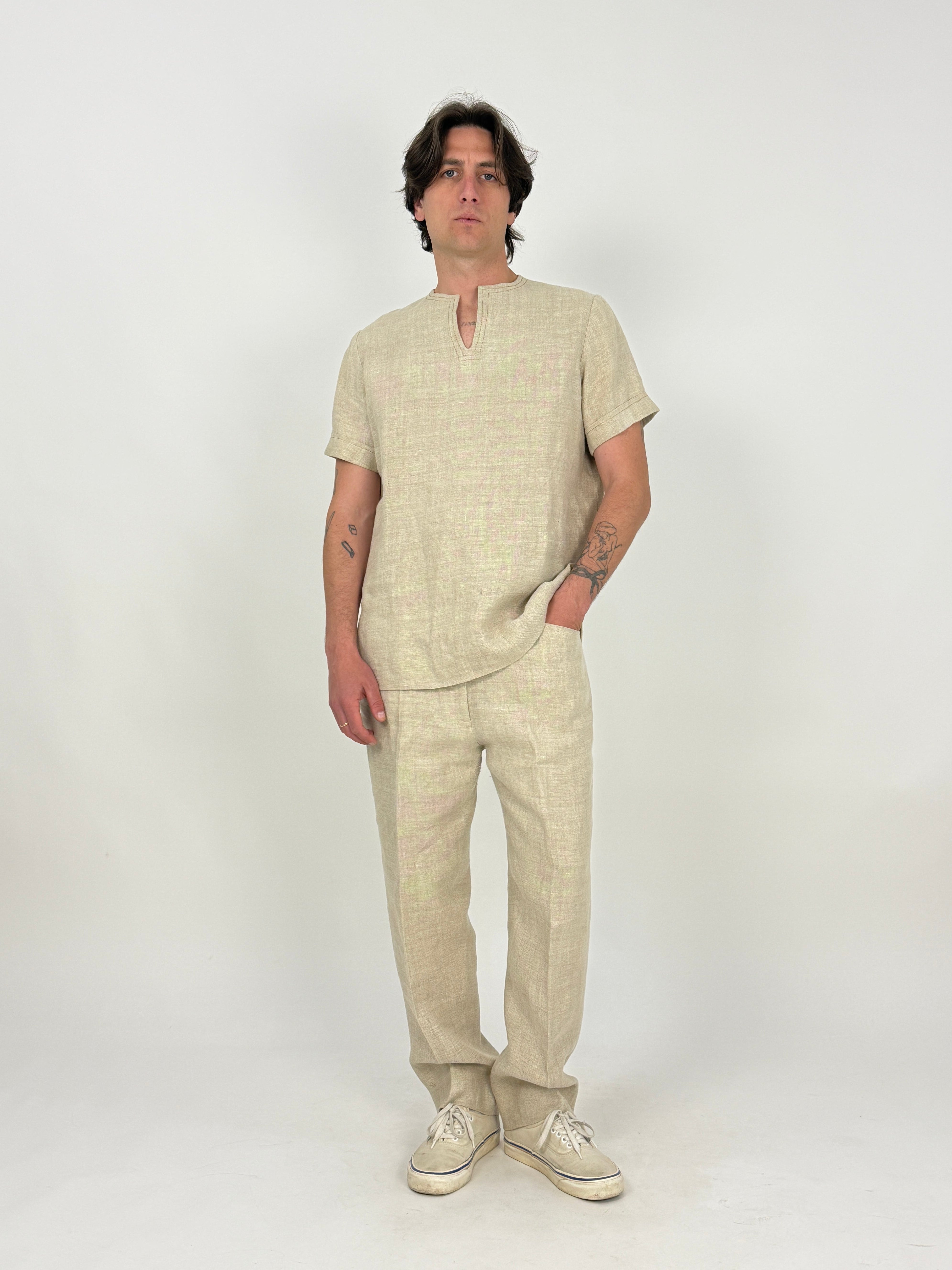 set coordinato sartoriale in lino beiga da uomo: casacca e pantalone largo