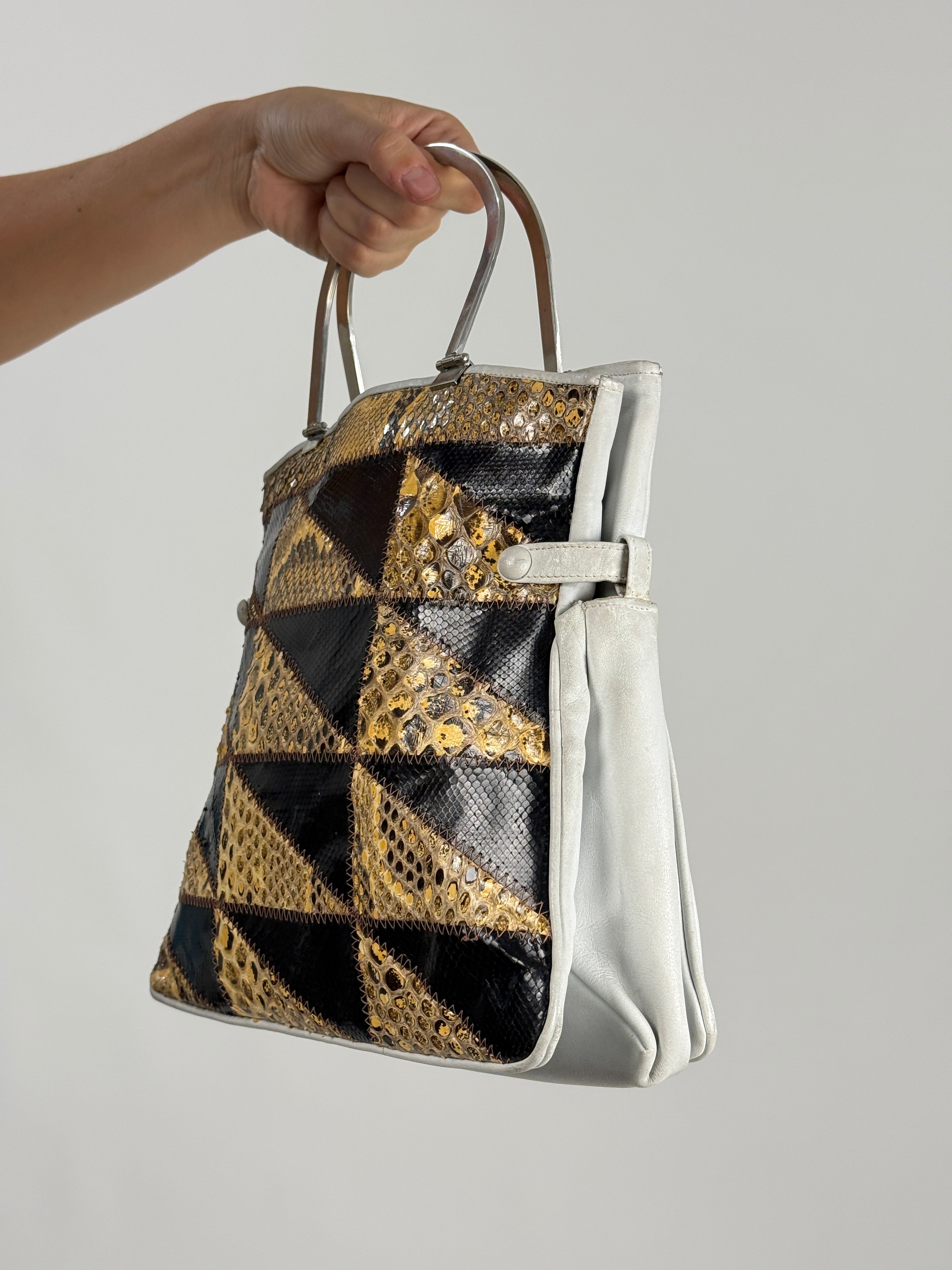 Borsa Patchwork Pelle Rettile Anni '70 - interno aperto con fodera avorio