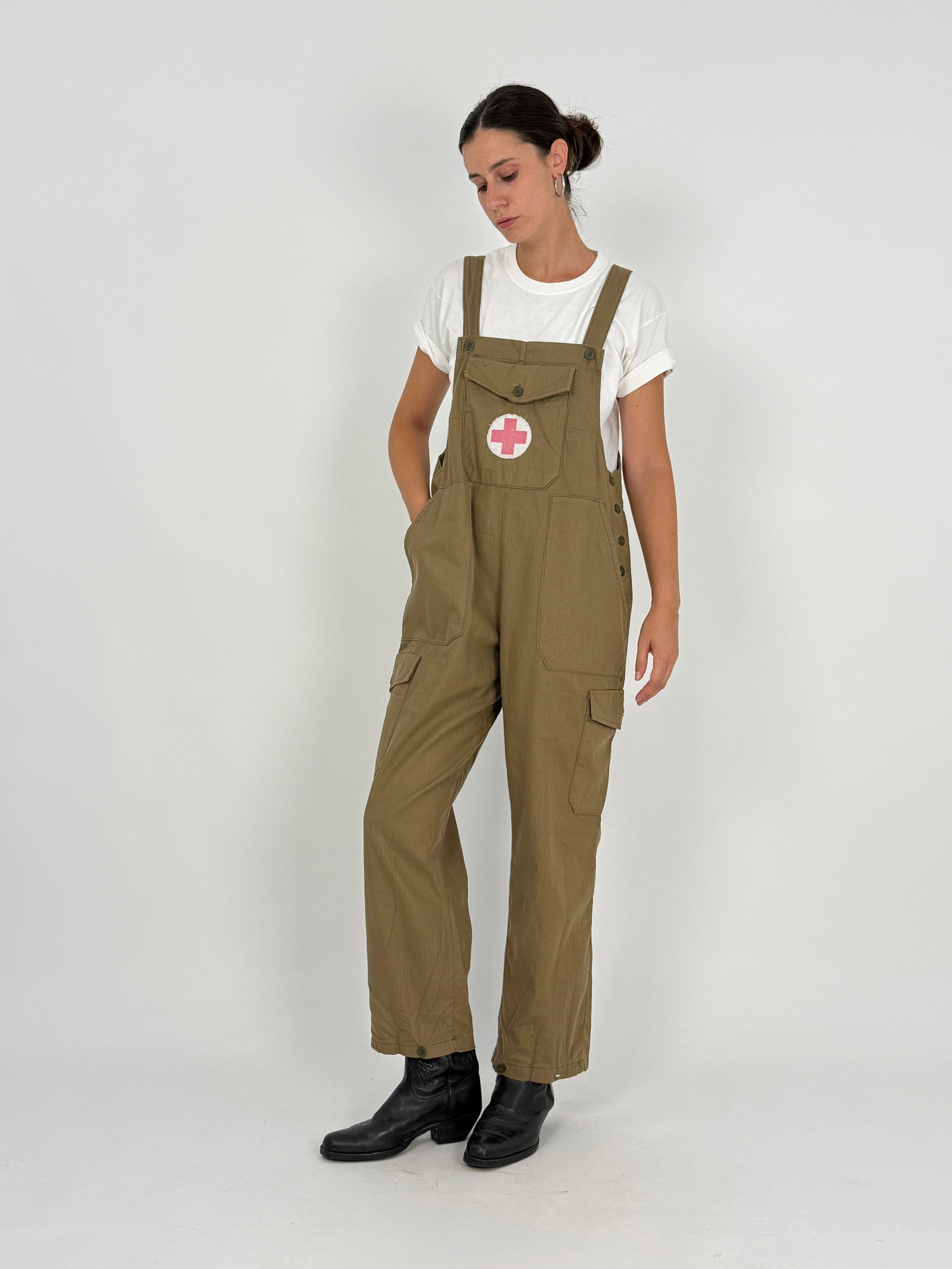 Salopette Militare Anni '70 Verde Kaki con Patch Croce Rossa - Taglia L