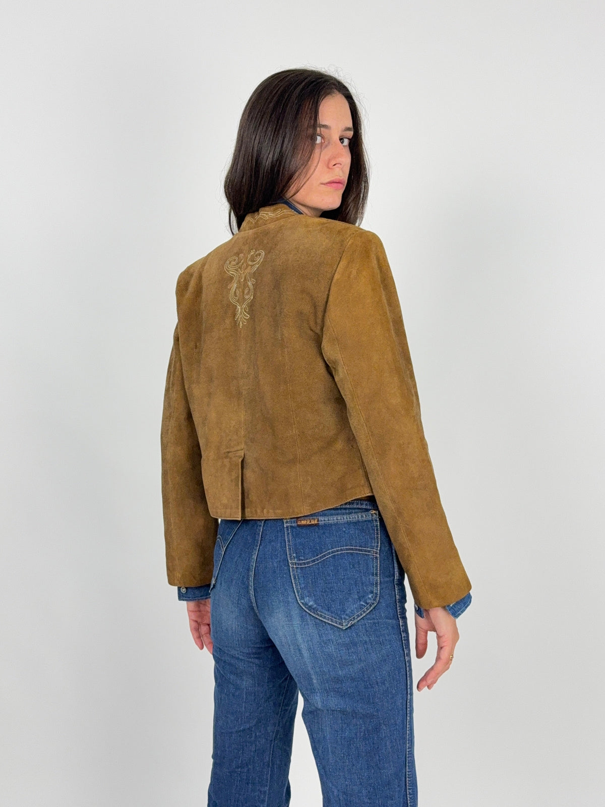 Giacca Folk Tirolese Vintage Camoscio con Ricami - Taglia 42/M