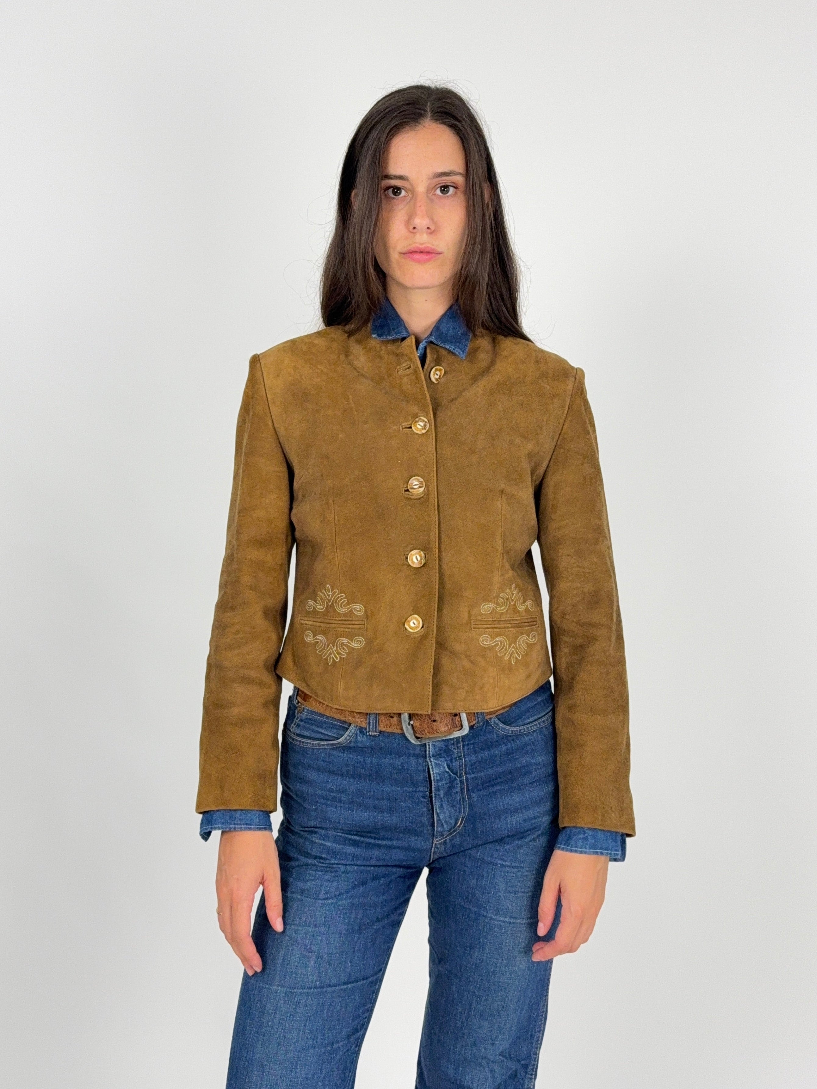Giacca Folk Tirolese Vintage Camoscio con Ricami - Taglia 42/M