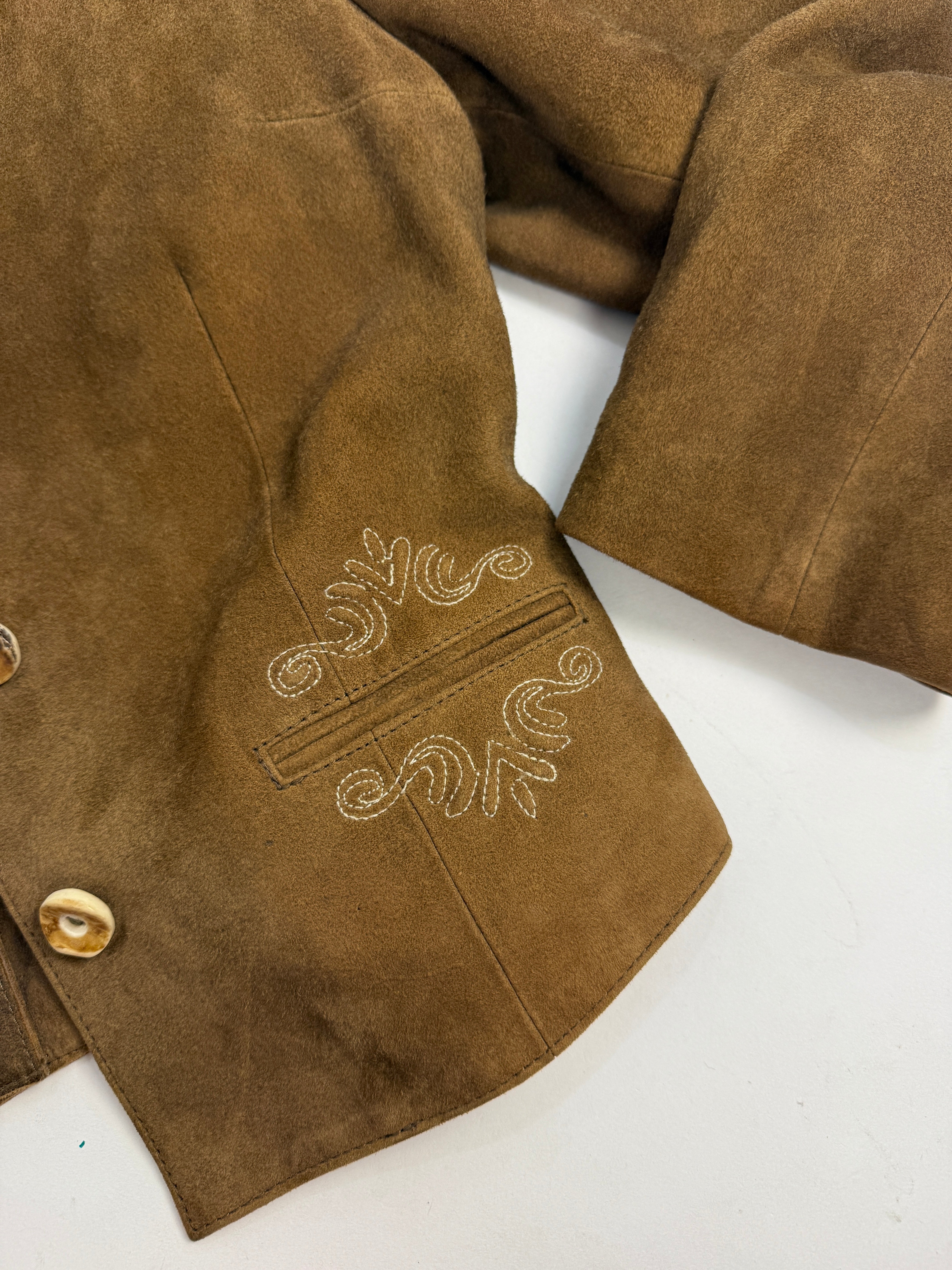 Giacca Folk Tirolese Vintage Camoscio con Ricami - Taglia 42/M