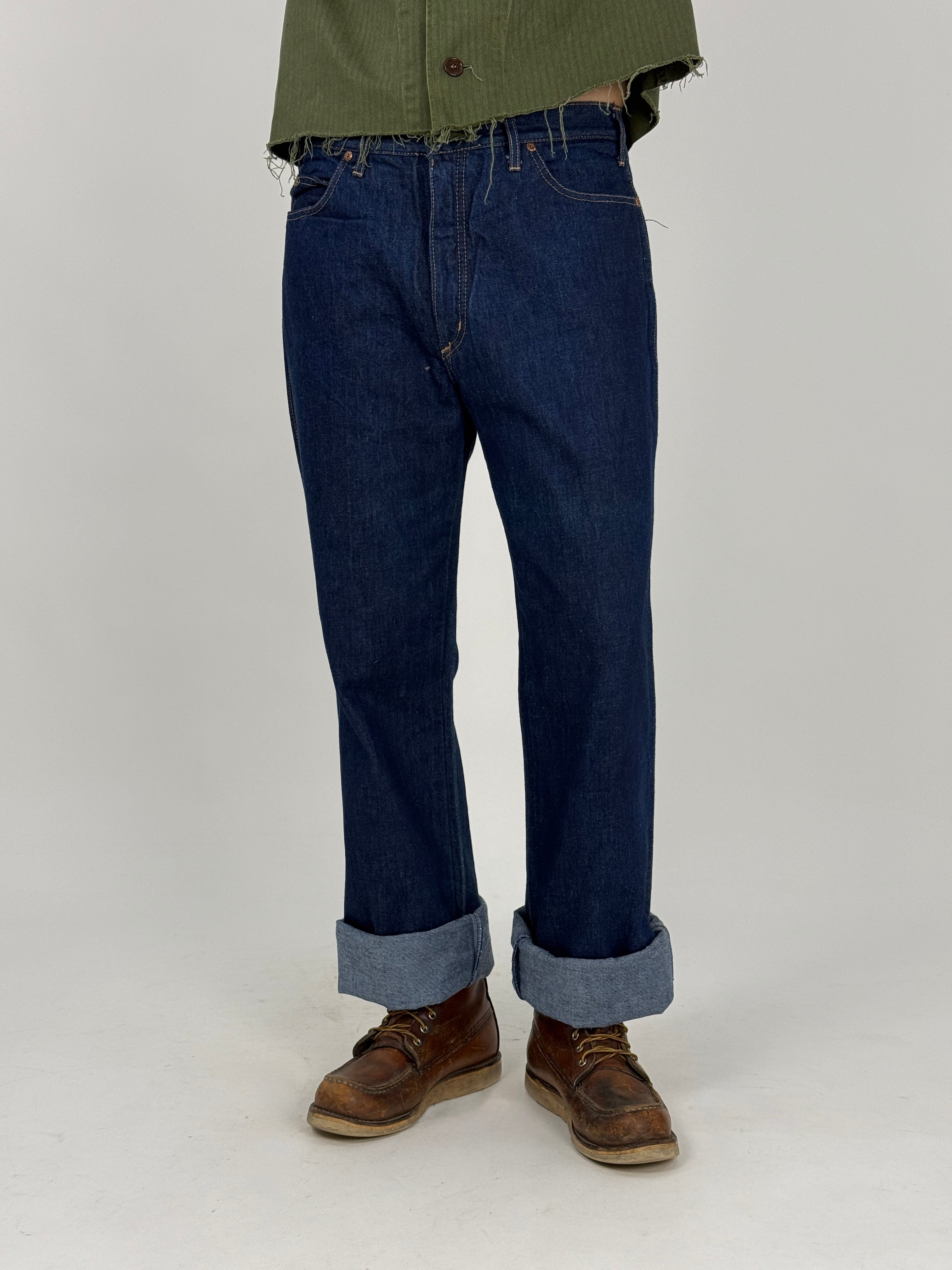 Jeans Spitfire Vintage Anni '70 Raw Denim - vista posteriore con patch in pelle logo Spitfire e cimosa interna