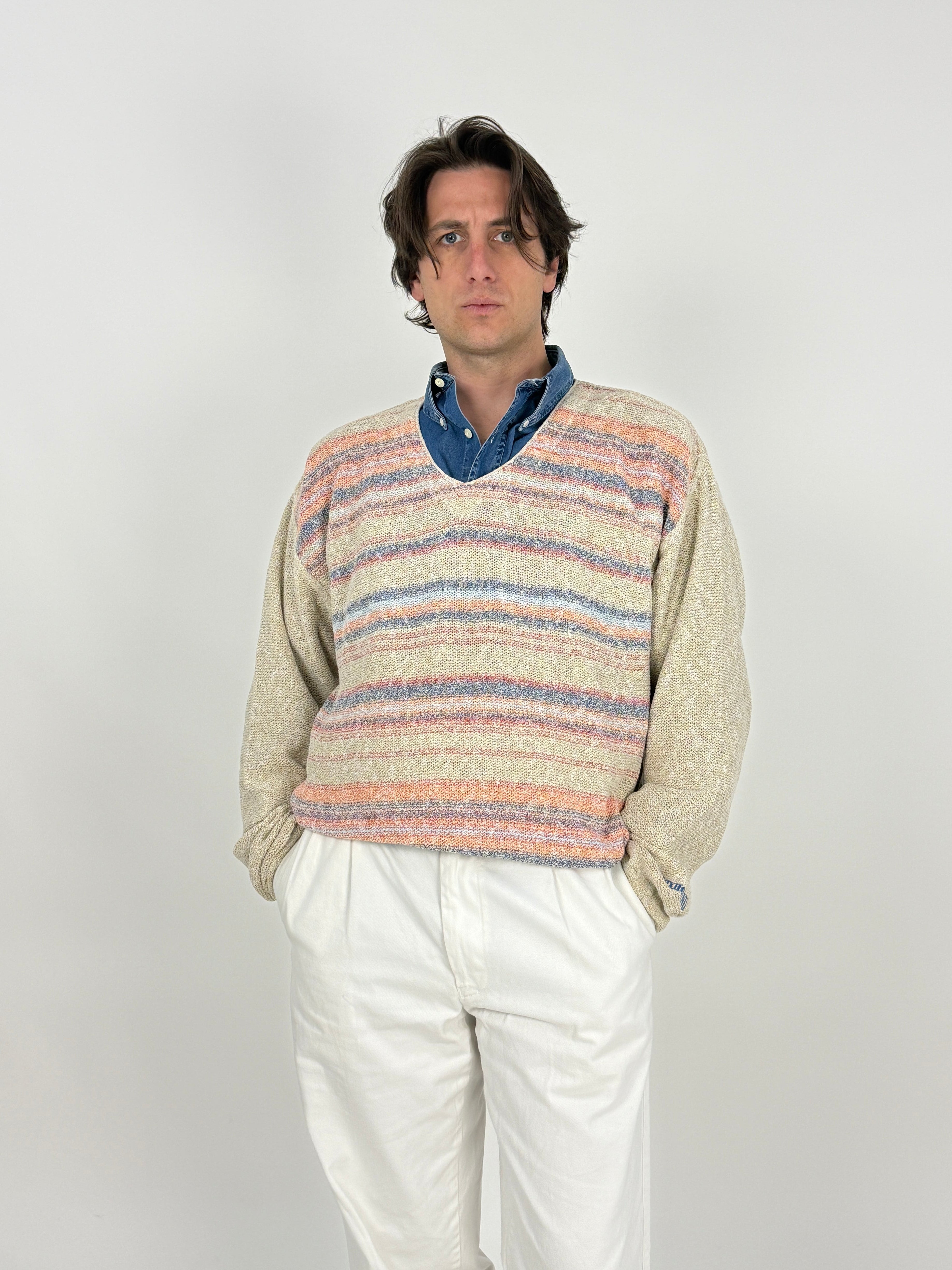 maglione foxhound vintage in cotone a righe fondo beige con scollo a v e manica lunga