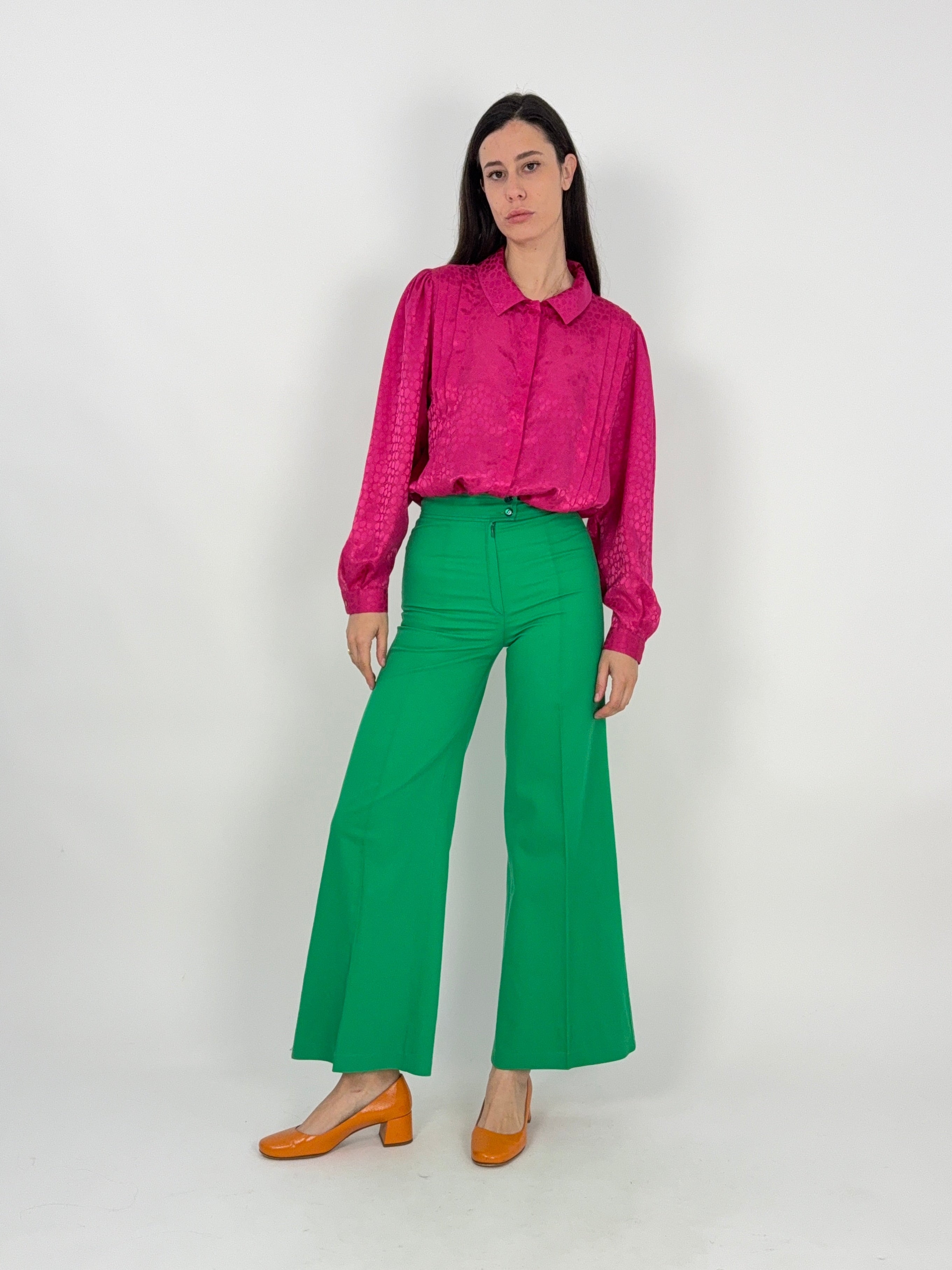 pantaloni anni '70 da donna a zampa e vita alta, in cotone verde
